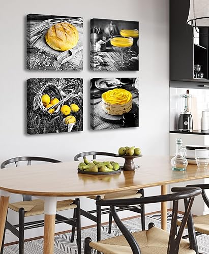 Miniatura 4 de DJSYLIFE Decoración de pared para cocina, blanco y negro, amarillo, arte de pared, pan, pastel, fruta, cuadros, lienzo, pinturas para cafetería,