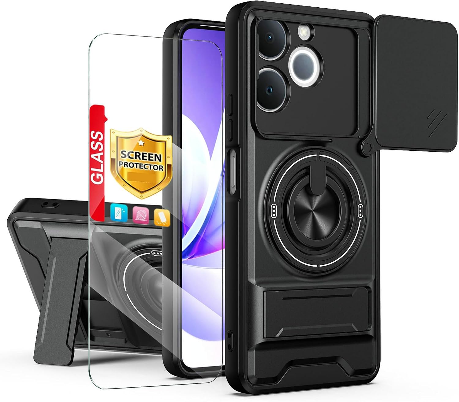 Compatible with Realme Note 70T Case, for Realme Note 70/Note 80/Narzo 80 Lite 4G Phone Case [with 1*Screen Protector][Slide Camera Cover, Magnetic Kickstand Design] Black