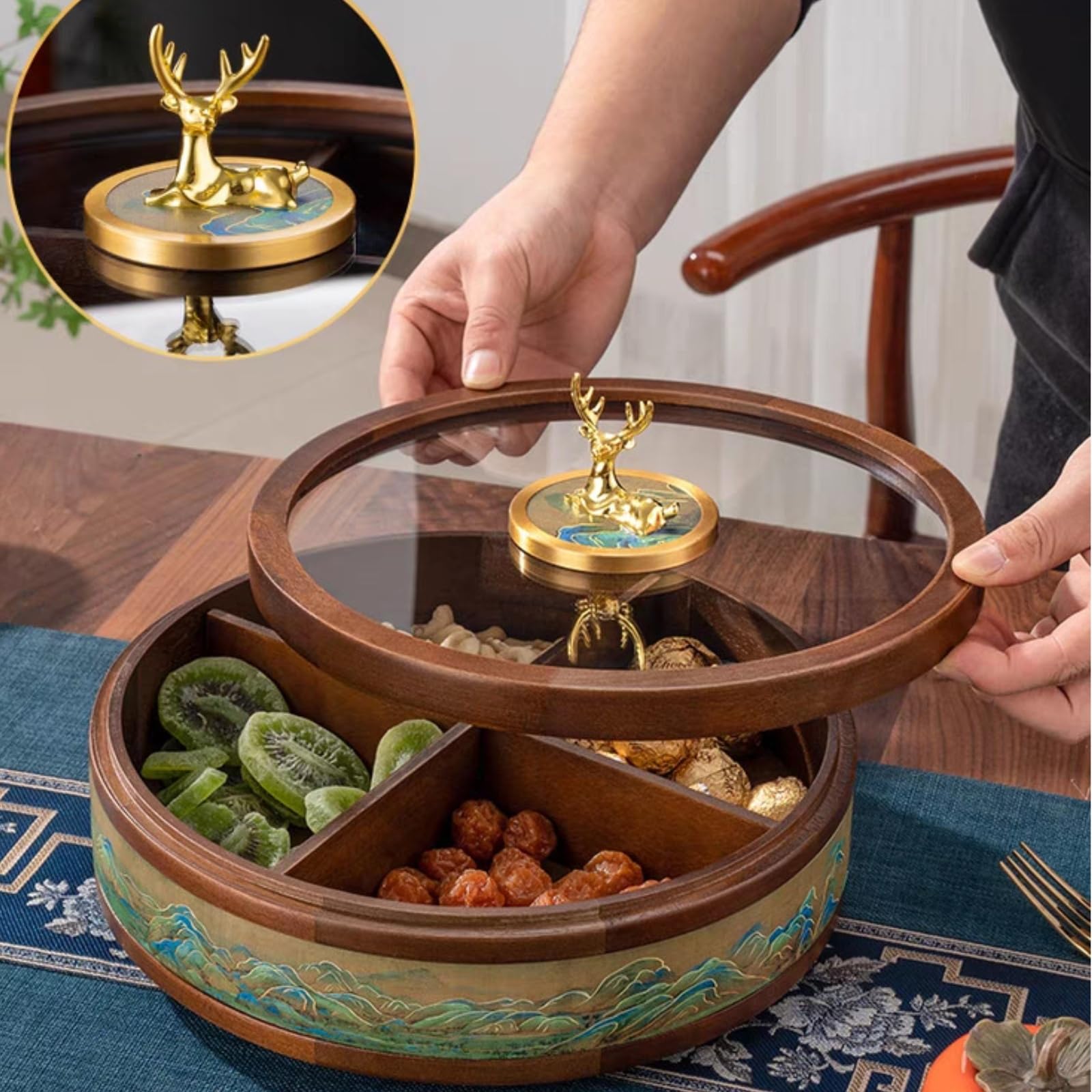 Caja Nueces y Snacks con Tapa Vidrio Redondo Organizador con Compartimentos Compacto Banja Aperitivos Tapa para Invitados