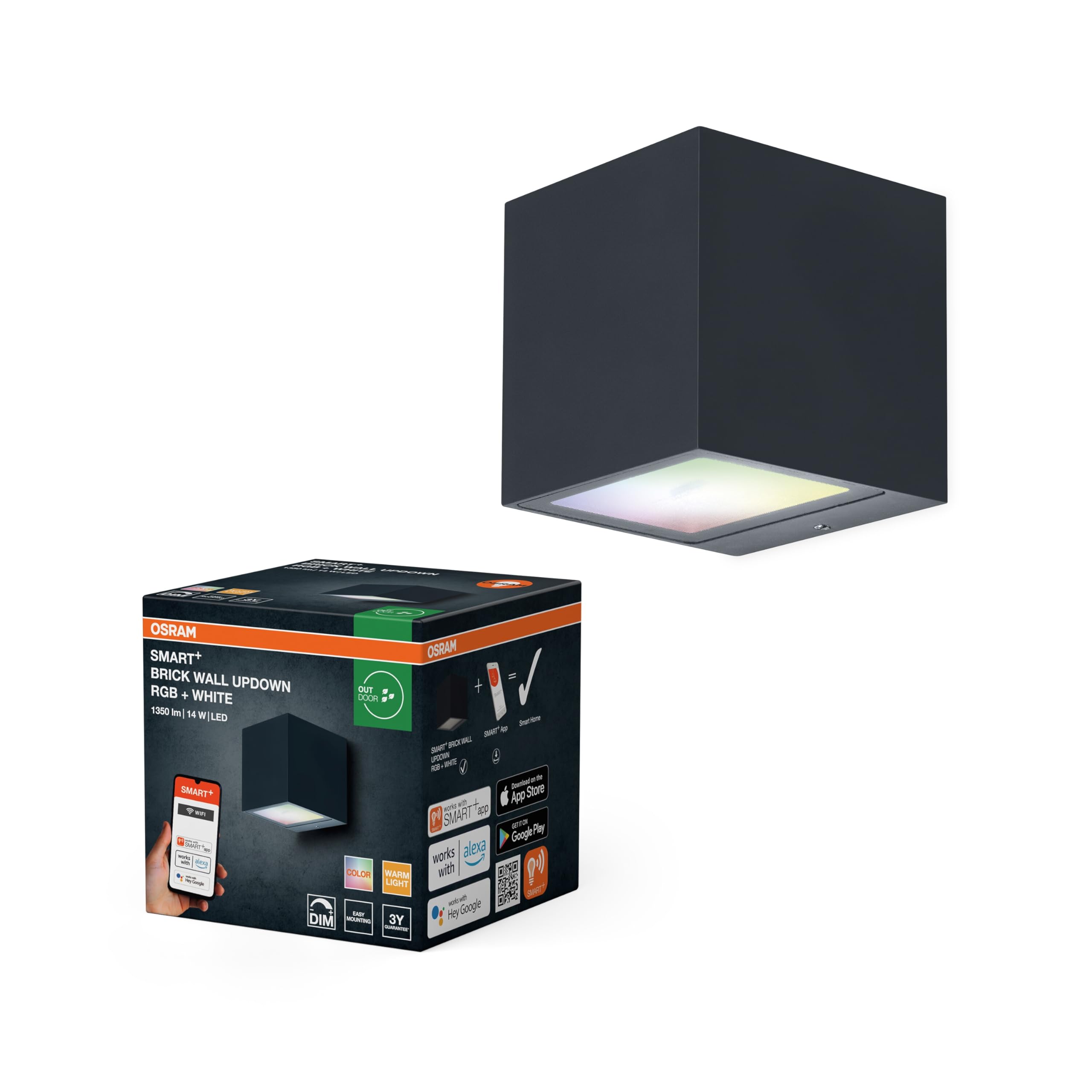 Osram Applique extérieure SMART+ Up/Down RGB & blanc chaud, contrôle WiFi, dimmable, boîtier en aluminium gris foncé, protection IP44