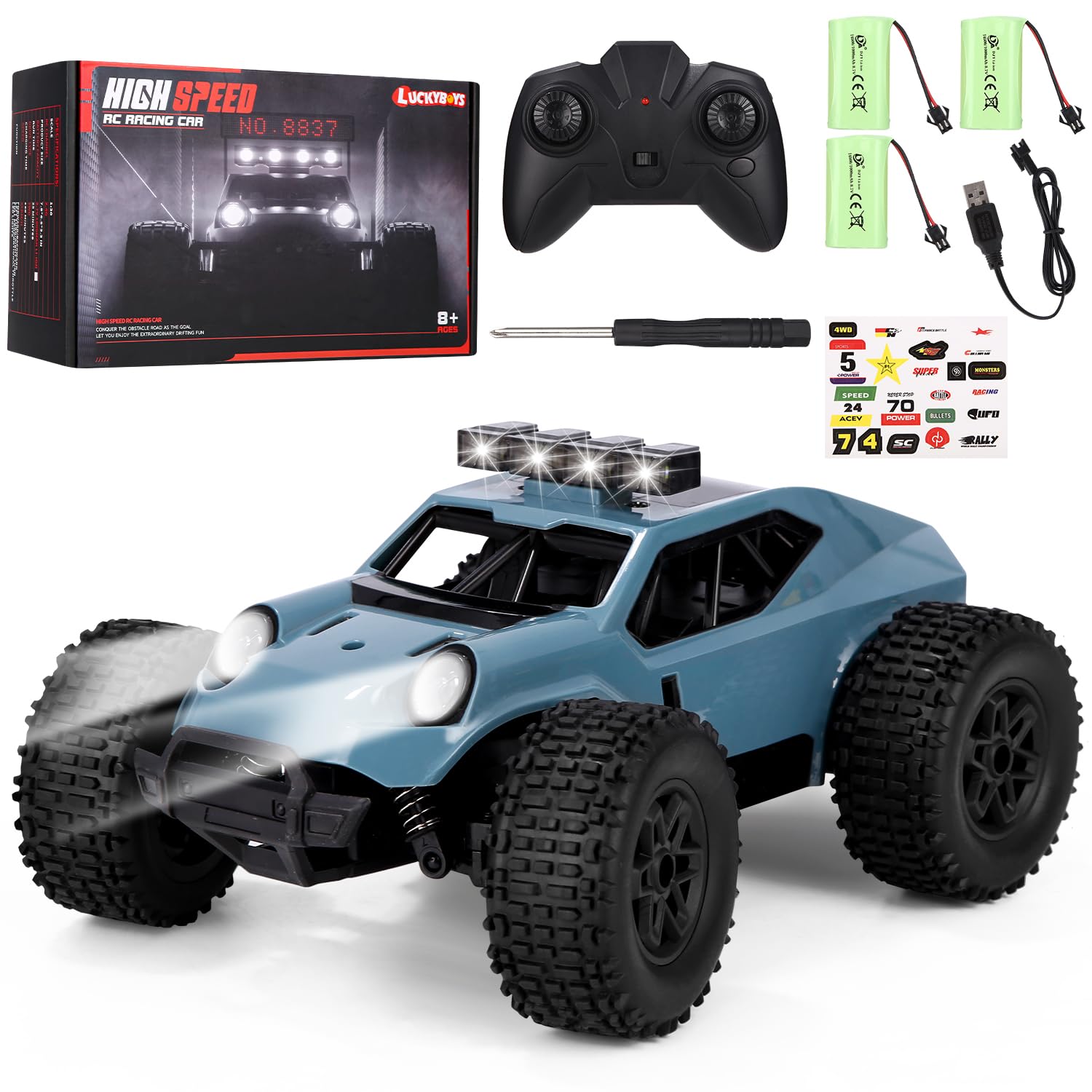 2,4 GHz Macchina Telecomandata,1/20 RC Macchina Radiocomandata Ad Alta Velocità con 3 Batterie, Fuoristrada A Trazione Integrale Con Luci A Led, Regalo Per Bambini Di 5-14 Anni