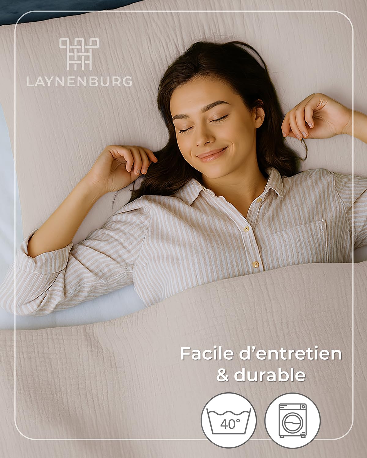 LAYNENBURG Parure de lit en mousseline 135 x 200 cm + 40 x 80 cm - Certifié Öko-Tex - 100 % coton - Respirant et infroissable - Mousseline 2 couches avec fermeture éclair et sangles de maintien (beige