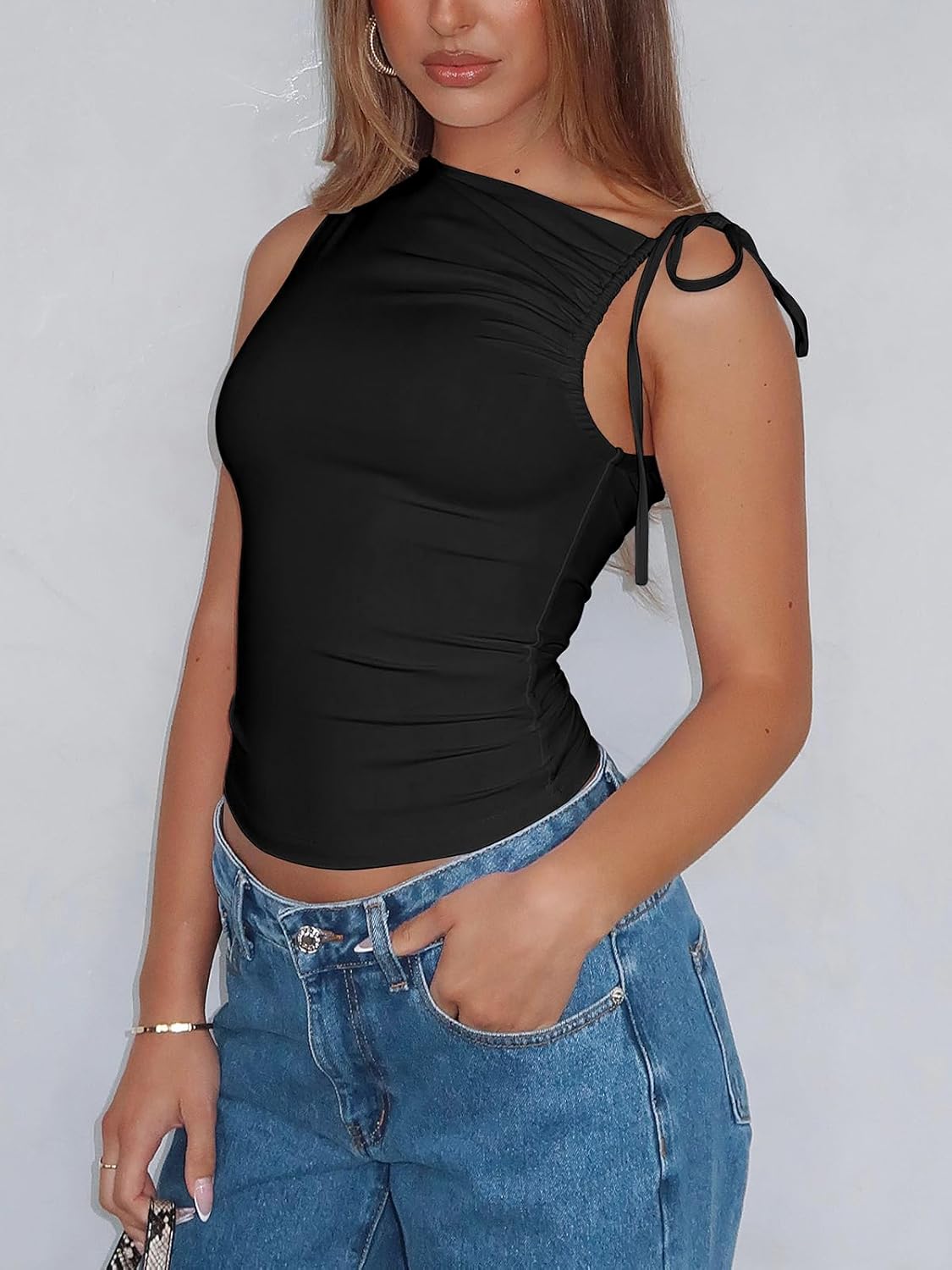 Women's One Shoulder Tank Top Sleeveless Straps Slim Fit Basic Cropped Going Out Tops - Image 3