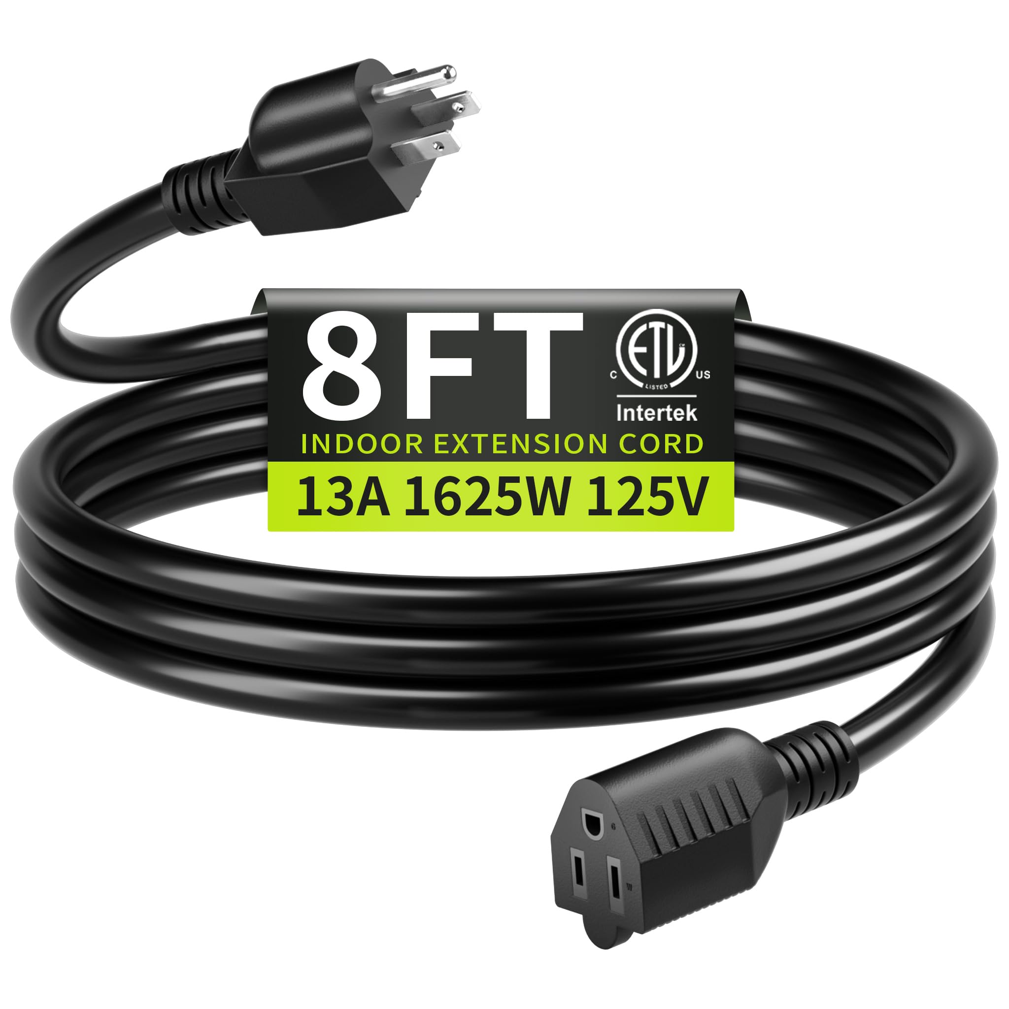 Photo 1 of 16/3 Black Extension Cord 8 FT, Indoor Extension Cord for Laptops, Coffee Makers, Office Home Appliances, 3 Prong Resistant Cable Flexible, 13A 125V 1625W ETL Listed