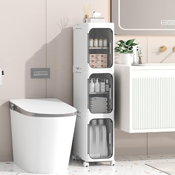 Bathroom Storage Cabinet, Freestanding Slim Toilet Storage | Waterproof Small Trolley with Wheels and Door for Office, Living Room, Kitchen, Entryway