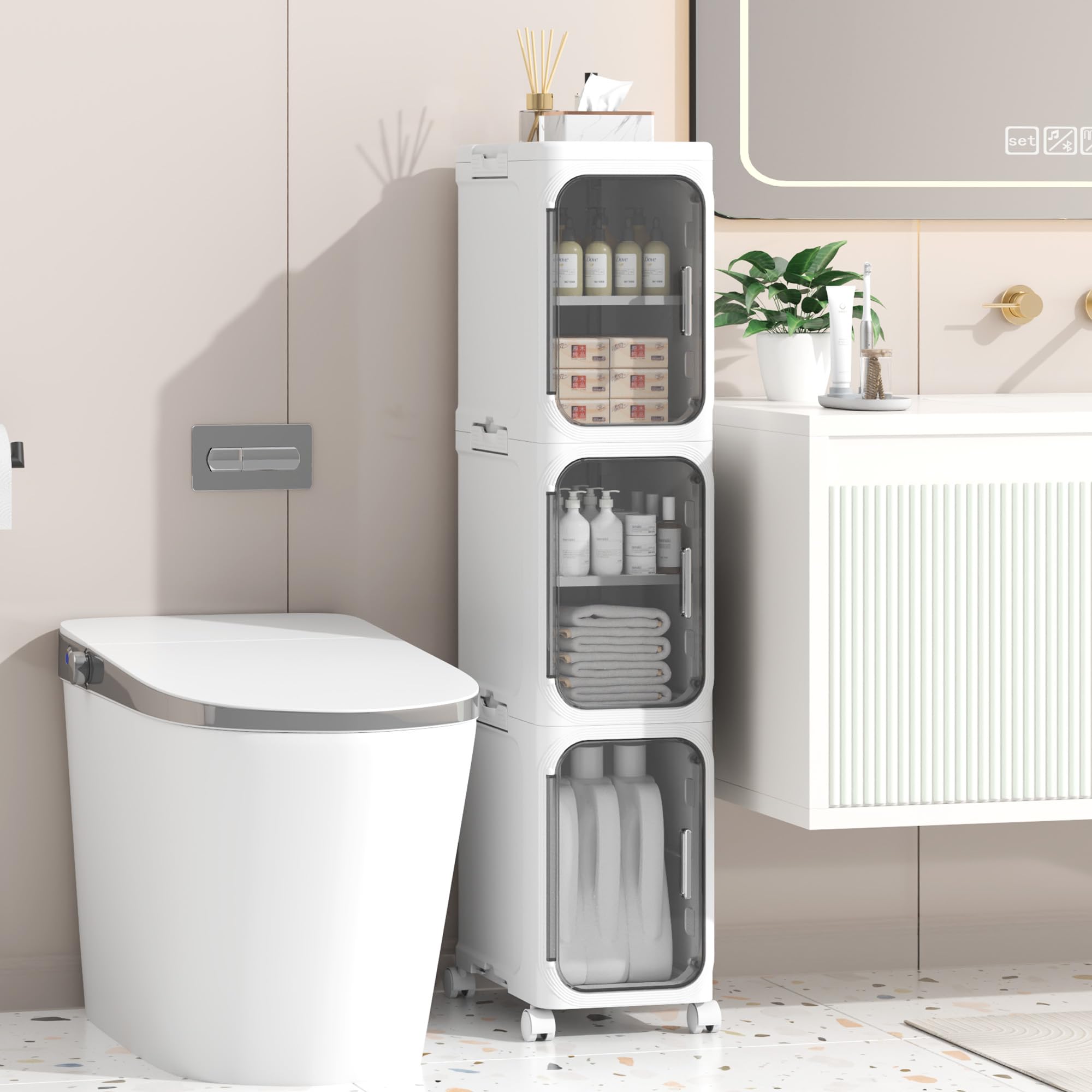 Badezimmerschrank, 20cm Schmaler badschrank aus Kunststoff mit Tür, wasserdichter Kleiner Rollwagen mit Rädern, Regal für Badezimmer, Wohnzimmer, Küche (21W*97H*34D)