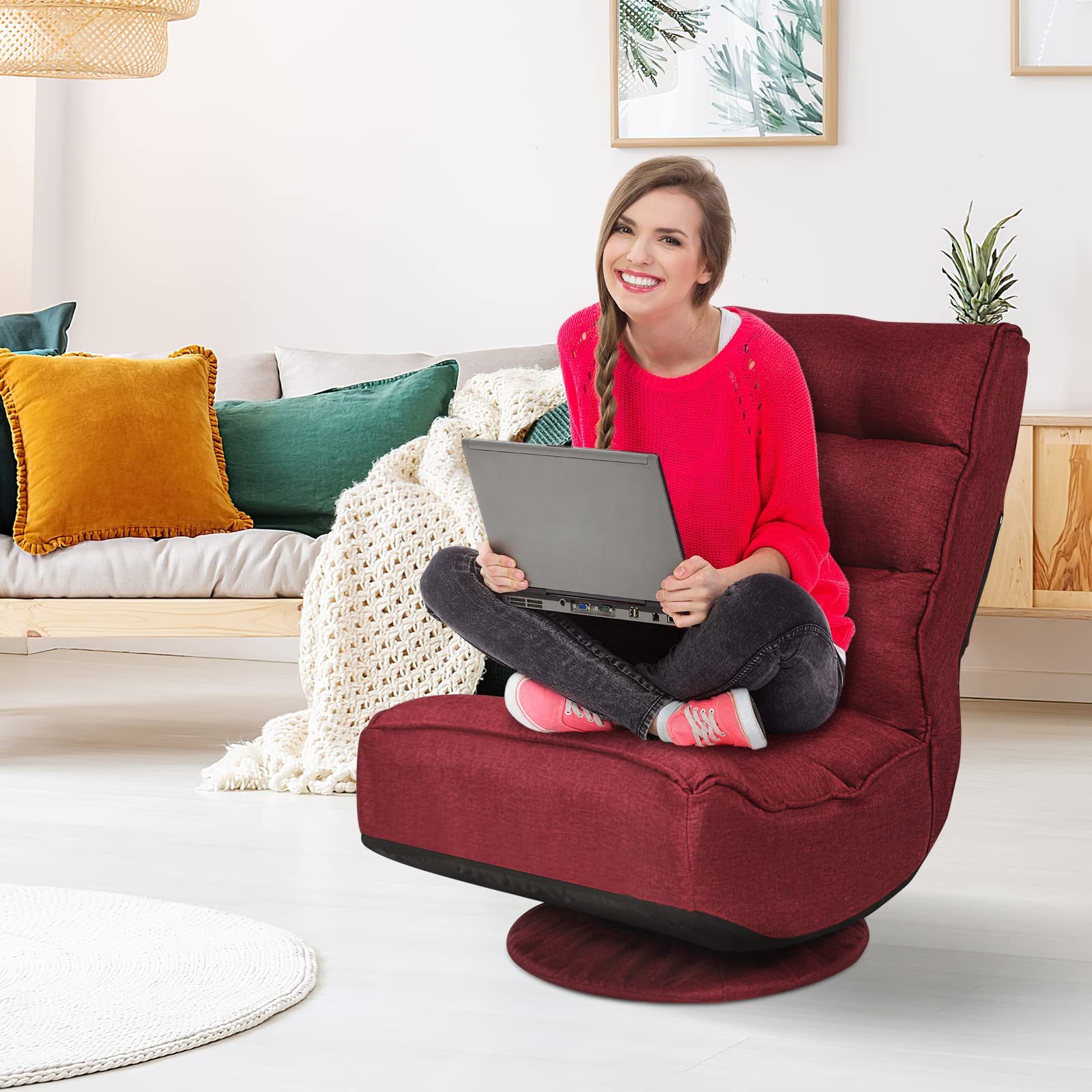 GOPLUS 360° drehbarer Bodenstuhl, klappbarer Bodensessel mit Verstellbarer Rückenlehne, Gamingsessel, Bodensofa, Meditationsstuhl, bis 120kg belastbar, für Zuhause & Büro (Rot)