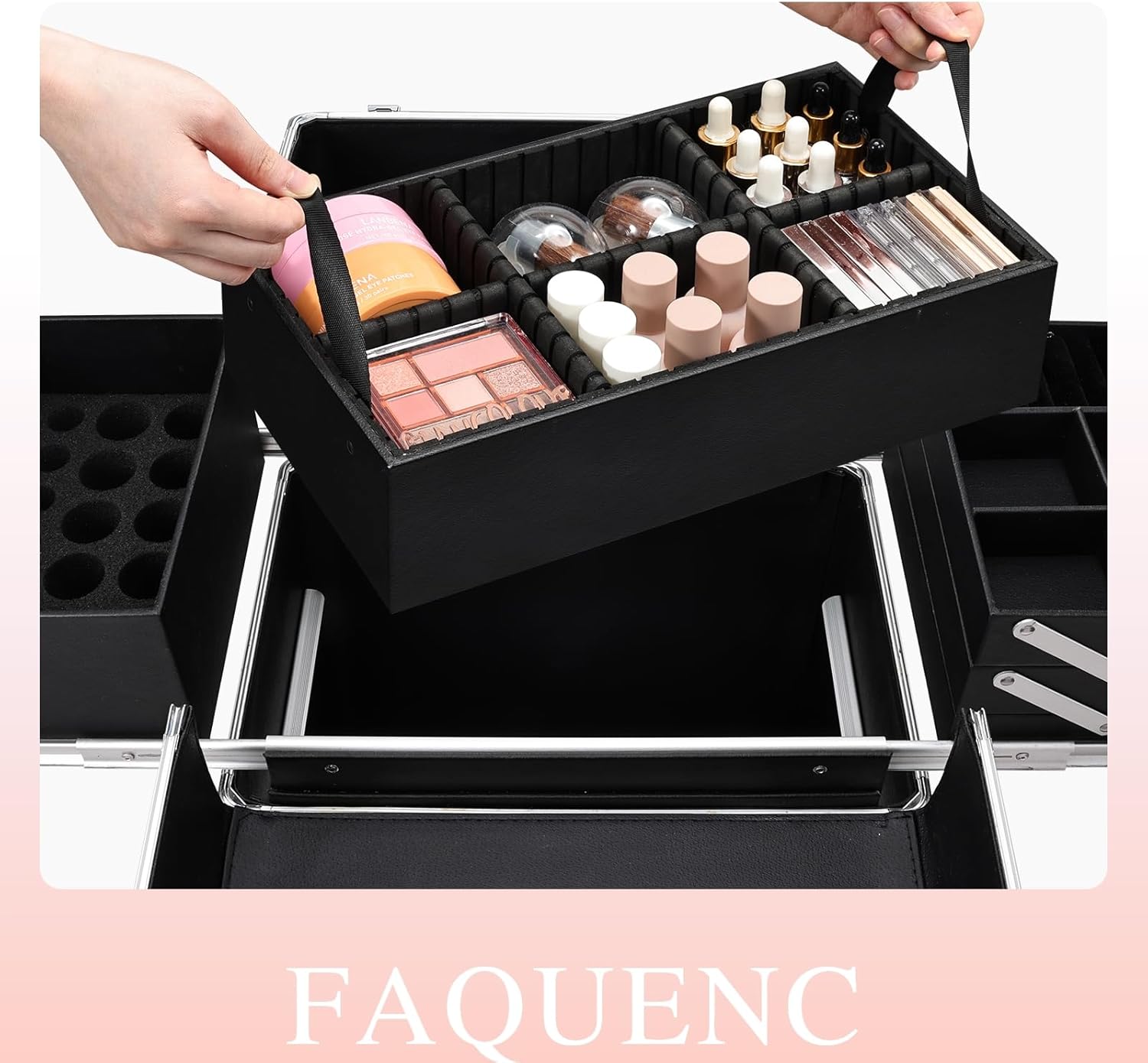 Faquenc Rolling Makeup Case Extra Large Makeup Train Case 4 Tray with Sliding Rail Removable Layer Cosmetology Case on Wheels for Makeup Artists Nail Art Salon Barber Trunk Traveling Storage Pink