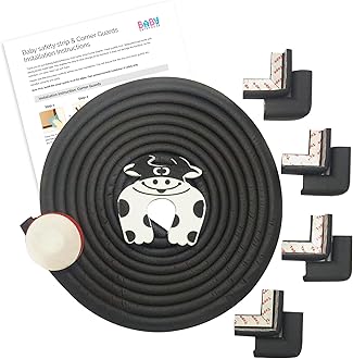 BabySafeHouse Edge Guard and Corner Protector – Extra Long 19ft (16.5ft Edge + 8 Pre-Taped Corner Guards) and Cow Shape Door Stopper (Black Color) for Baby Proofing & Child Safety