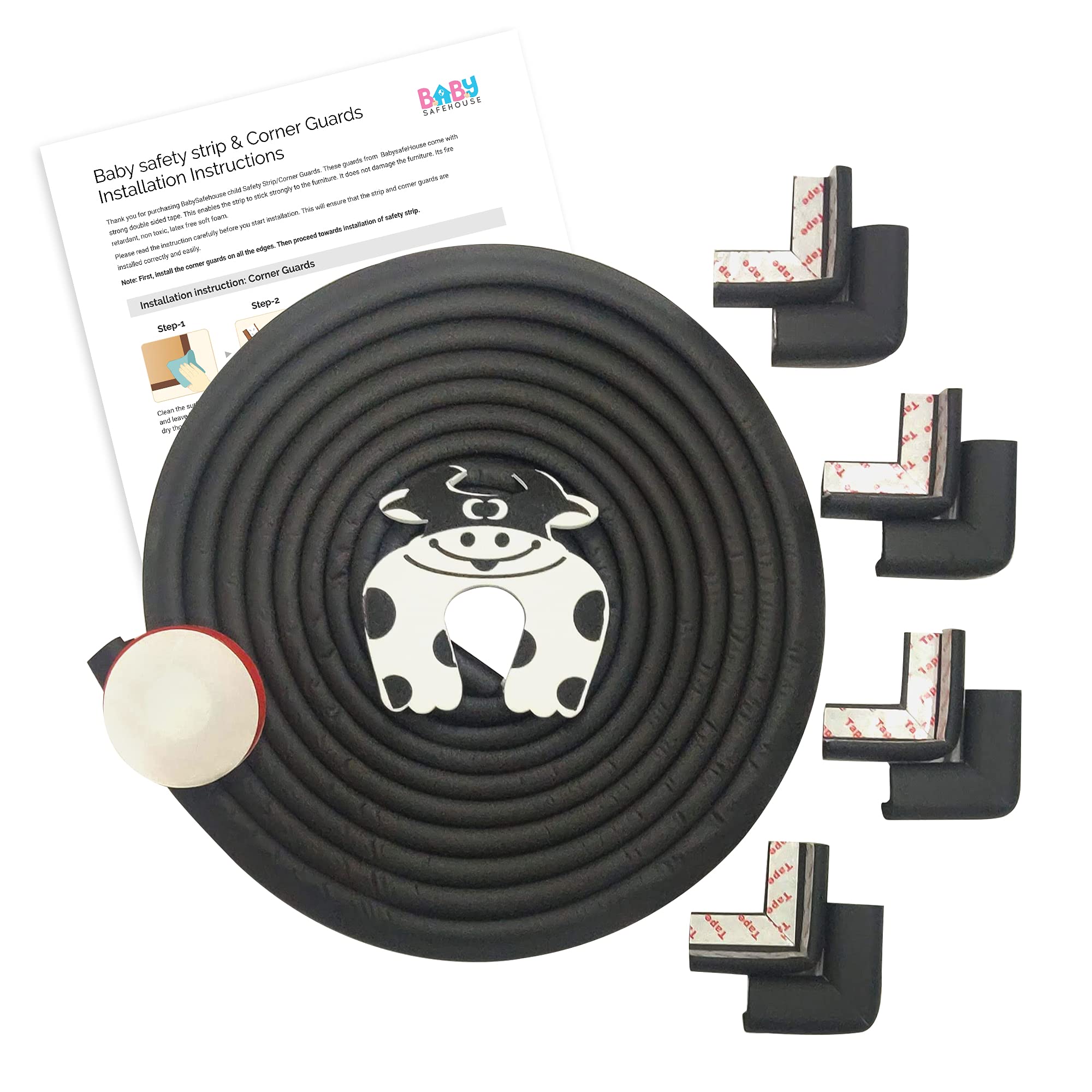 BabySafeHouseEdge Guard and Corner Protector – Extra Long 19ft (16.5ft Edge + 8 Pre-Taped Corner Guards) and Cow Shape Door Stopper (Black Color) for Baby Proofing & Child Safety