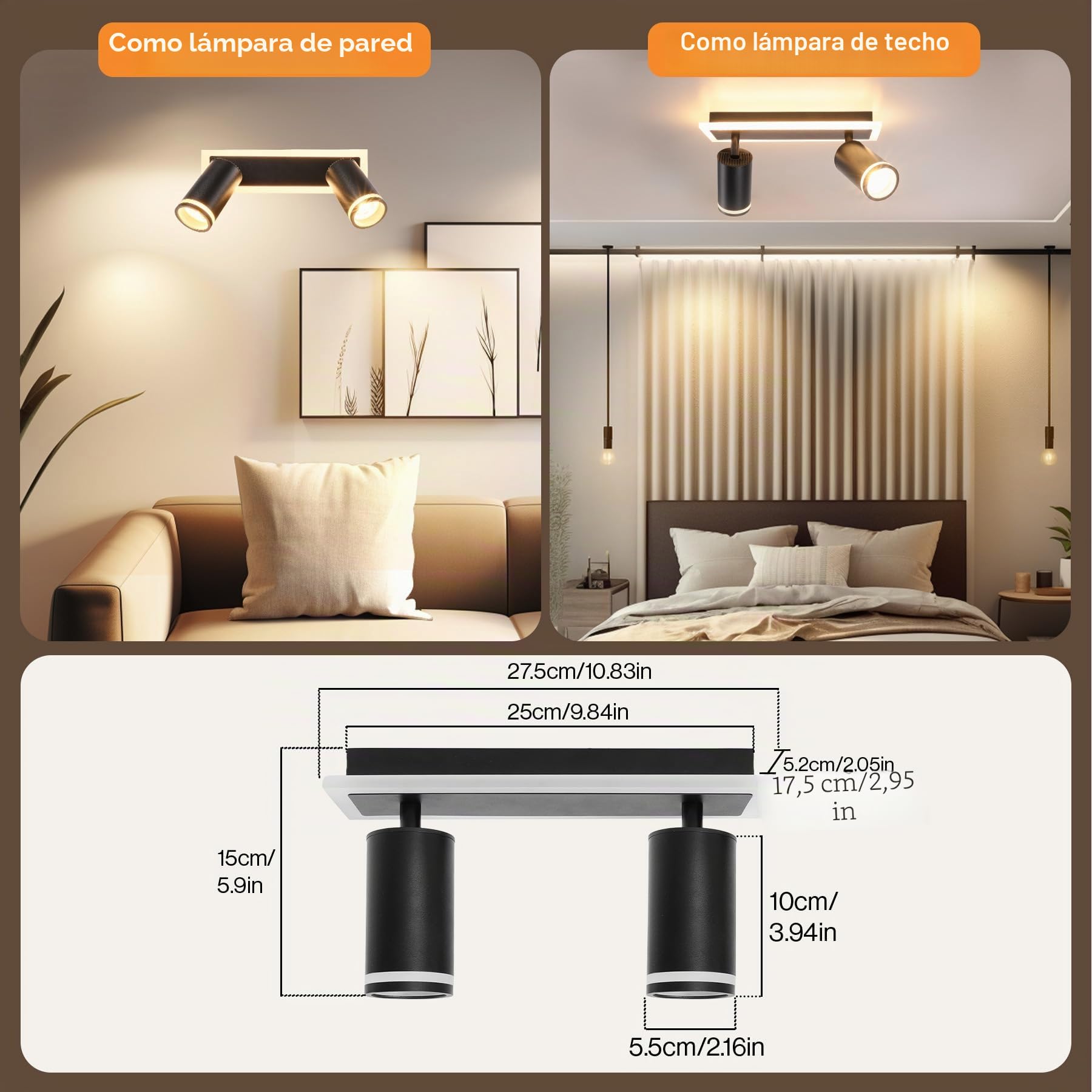 Lámpara de Techo 2 Focos Orientable Negro, Moderno Plafones de Techo con Luz Inferior 8W+ 2x5W GU10, Blanco Cálido 3000K, Foco de techo LED Para Cocina, Sala de estar, Dormitorio