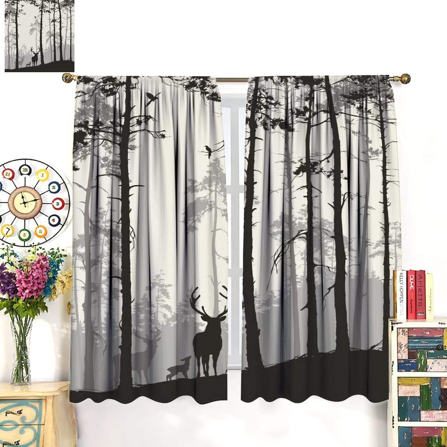 Deer Curtains Rustic Woodland Forest Family Deer Birds Silhouette Pine Rod Pocket Blackout Window Drapes 2 Panels Set for Bedroom Living Room Decor 42x45in