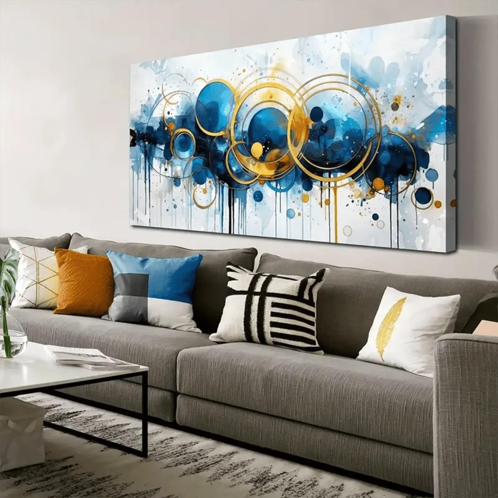 XBTYKPB Cuadro circular abstracto azul para pared - Decoración de pared para dormitorio - Cuadros para sala de estar - Cuadros y carteles de pared con marco de 55 x 110