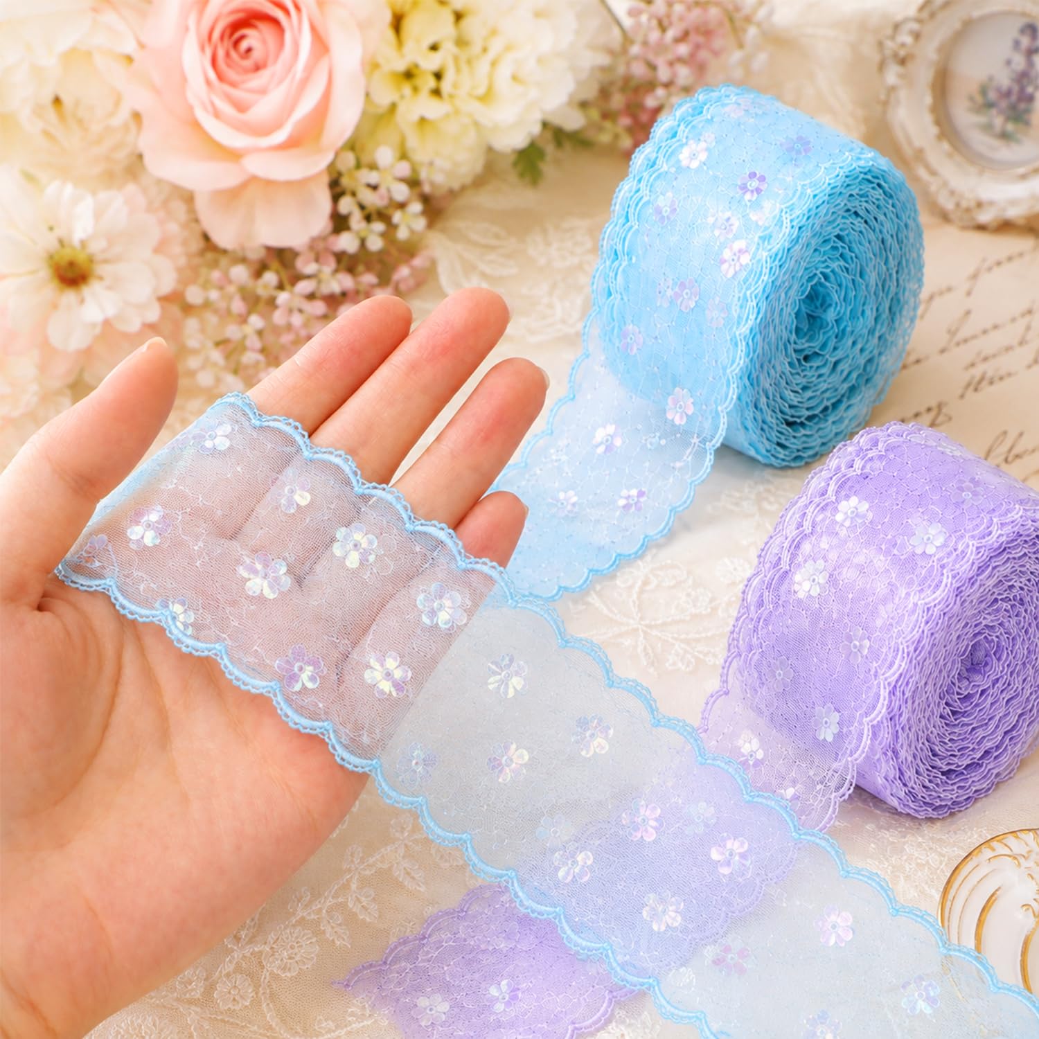 2 Rolls Lace Trim Ribbon 9 Meter Each, Sheer Floral Sequin Lace