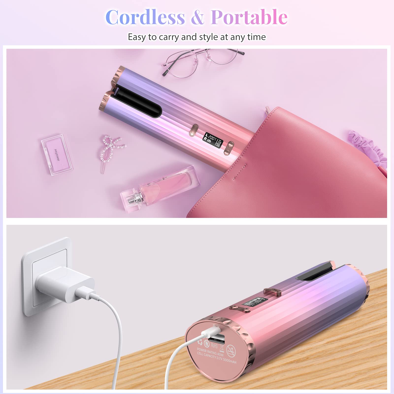Arricciacapelli senza fili, ferro arricciacapelli automatico in ceramica, 6 temperature e impostazioni di timer, 5000 mAh, ricaricabile, anti-groviglio, per uso domestico, salone, viaggi