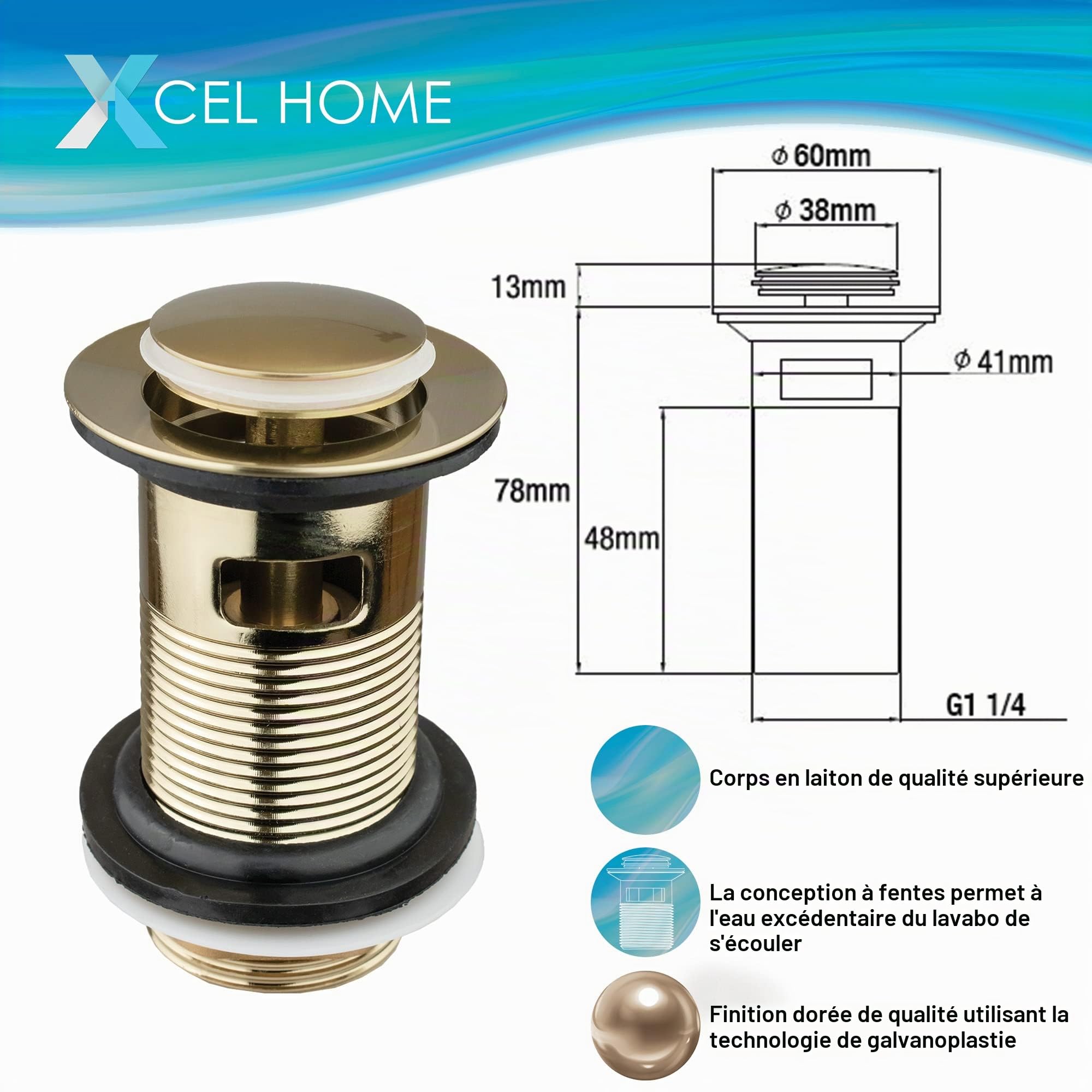 Bonde de lavabo clic-clac dorée | Remplacement idéal de remplacement rond en laiton | Norme britannique G 3,2 cm BSP | 1 pièce (Standard | Or brossé)