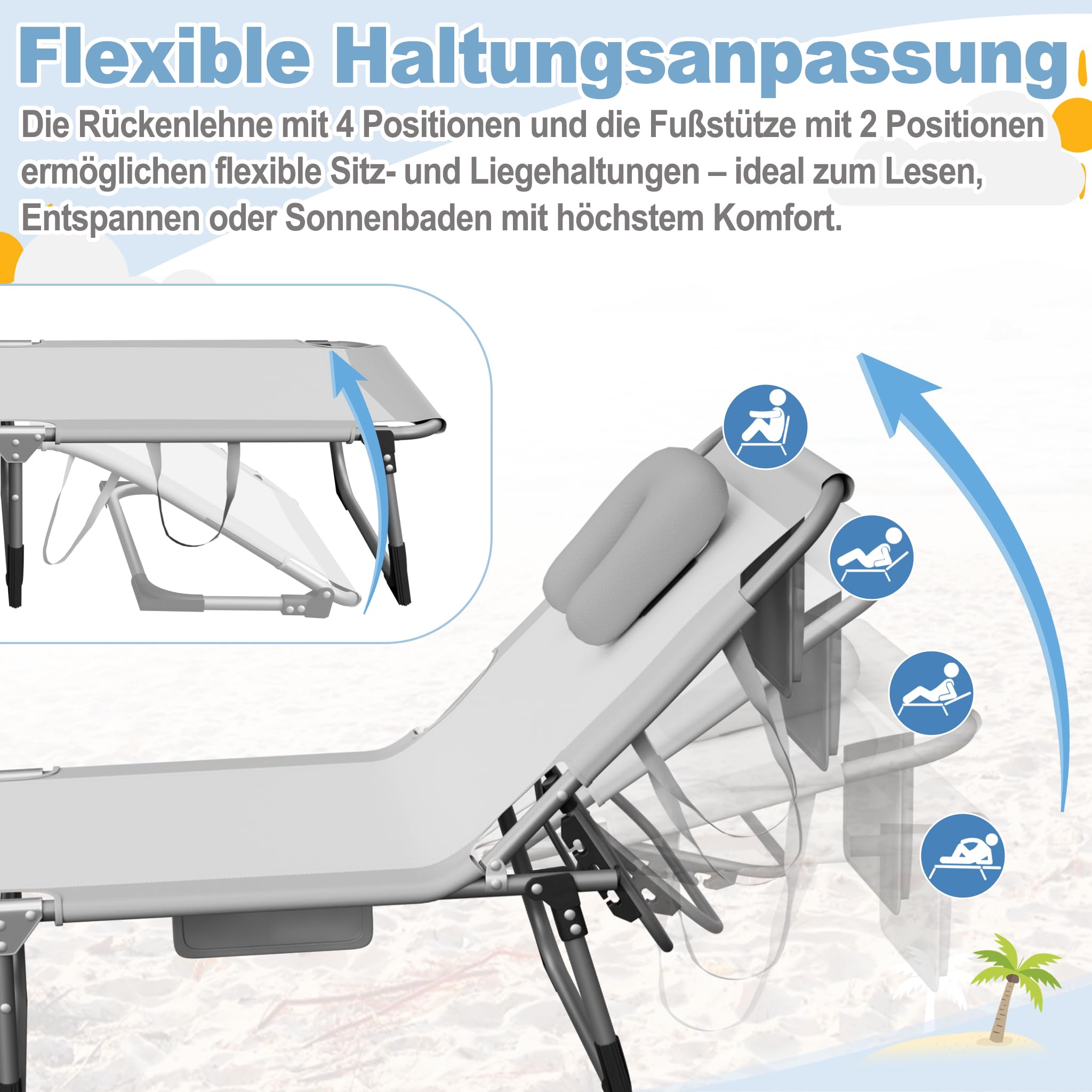 UISEBRT Faltbarer Sonnenliege 190cm – 4-Fach verstellbar Gartenliege mit Gesichtsausschnitt & abnehmbarem Kopfkissen,Liegestuhl belastbar bis 160kg mit Seitentasche für Pool Camping Terrasse,Hellgrau