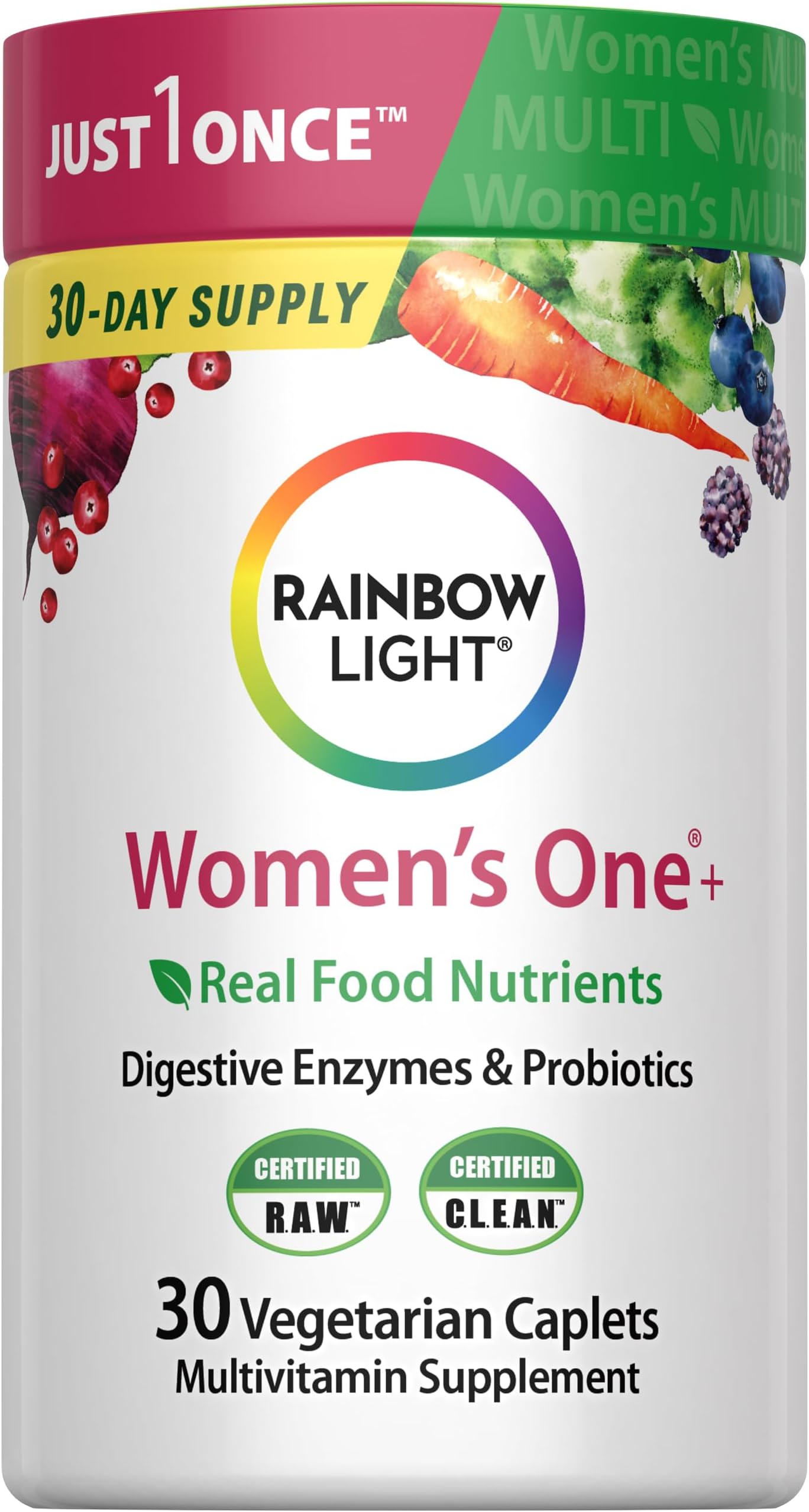 Rainbow Light Womens Multivitamin One + | 30 Caplets | Real Food Nutrients, Digestive Enzymes & Probiotics