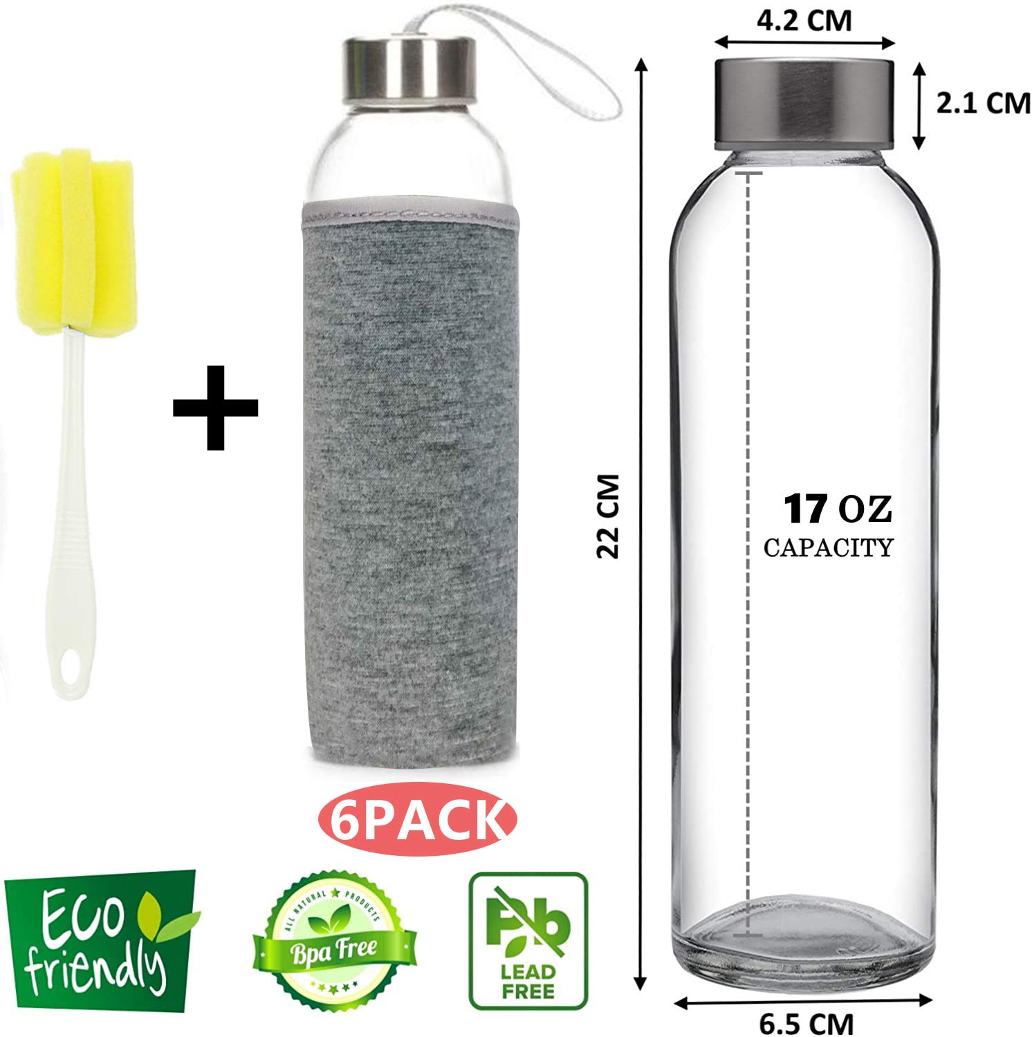 Glass Water Bottles 500 ml Juice Bottles with Lids, Reusable Drinking
