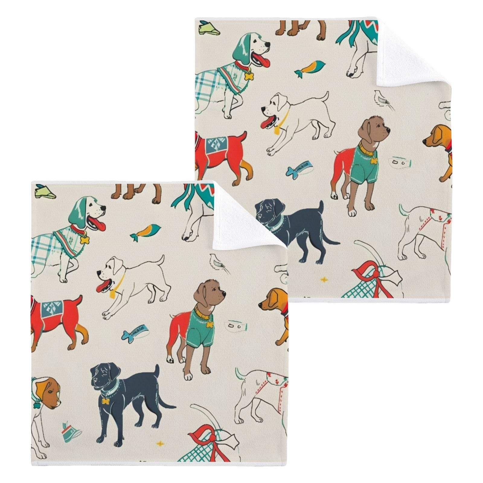 ALAZA Wash Cloth Set 100% Cotton Fingertip Towels Face Cloths Sets Dog Sketch Highly Absorbent Soft Feel Set of 2
