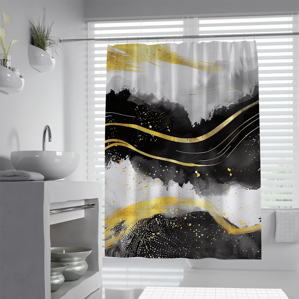 UIRINGART Minimalist Bath Curtain W150xL200cm Yellow Black Wave Lines Dots Pattern Mildew Mould Resistant Waterproof Fabric Bathroom Accessories Wet Room Tub