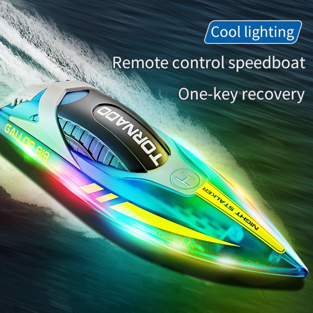 NULA Barca radiocomandata per piscina, lago e laghetto, 15 km/h, barca acquatica telecomandata con scafo luminoso a LED, doppio motore e auto-assemblaggio, per adulti, blu, 1 batteria