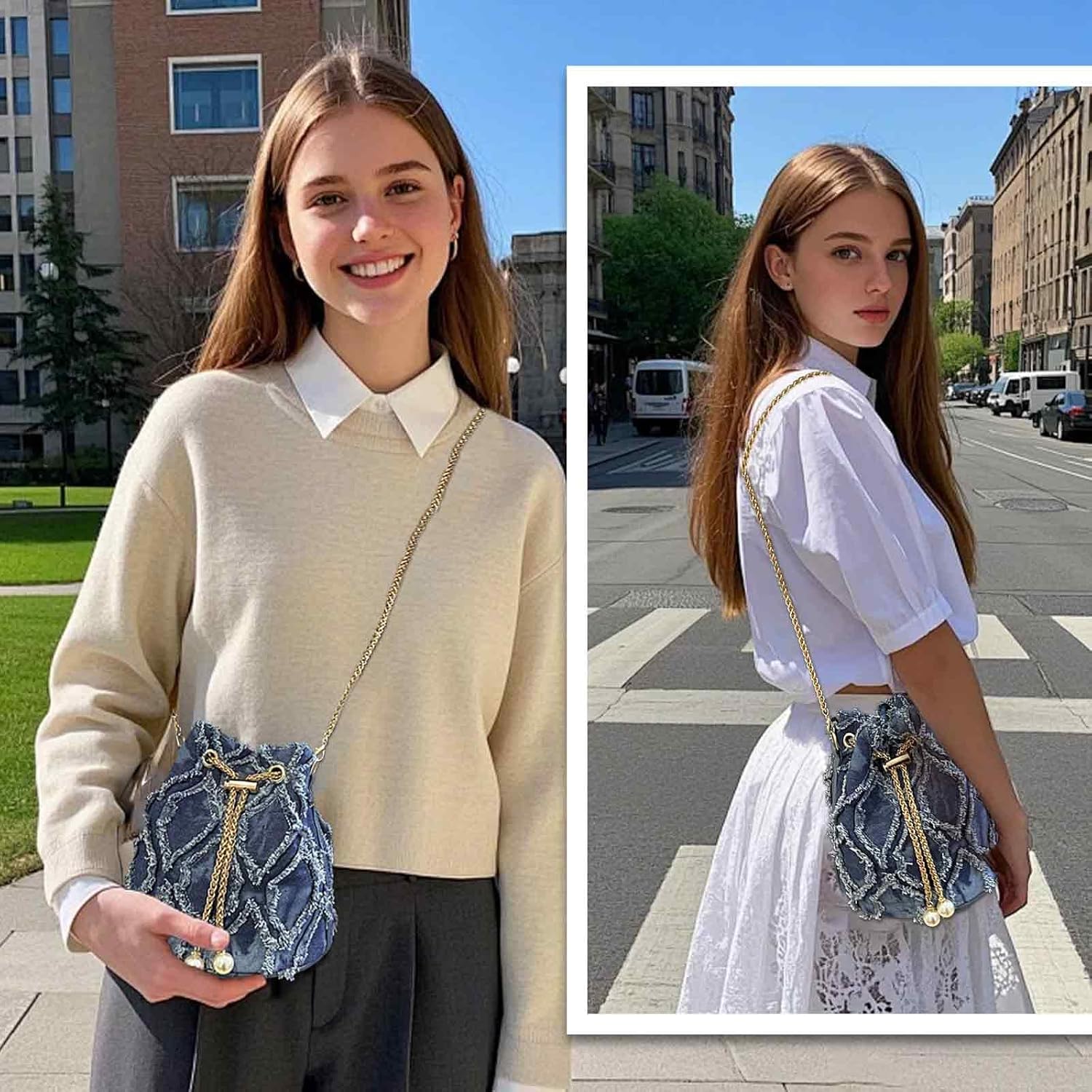 Blue Denim Purses for Women, Jean Bucket Bags, Crossbody Hobo Drawstring Handbag - Image 7