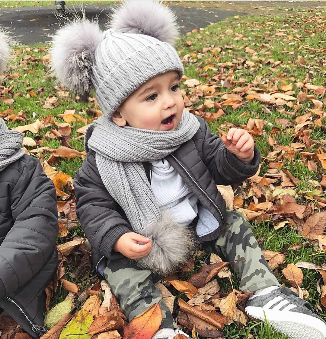 Sombrero para Bebé + Bufanda Piel Real GRIS 1-3 Años Gorra PON PON Doble desmontable Niña Niño BrillaBenny