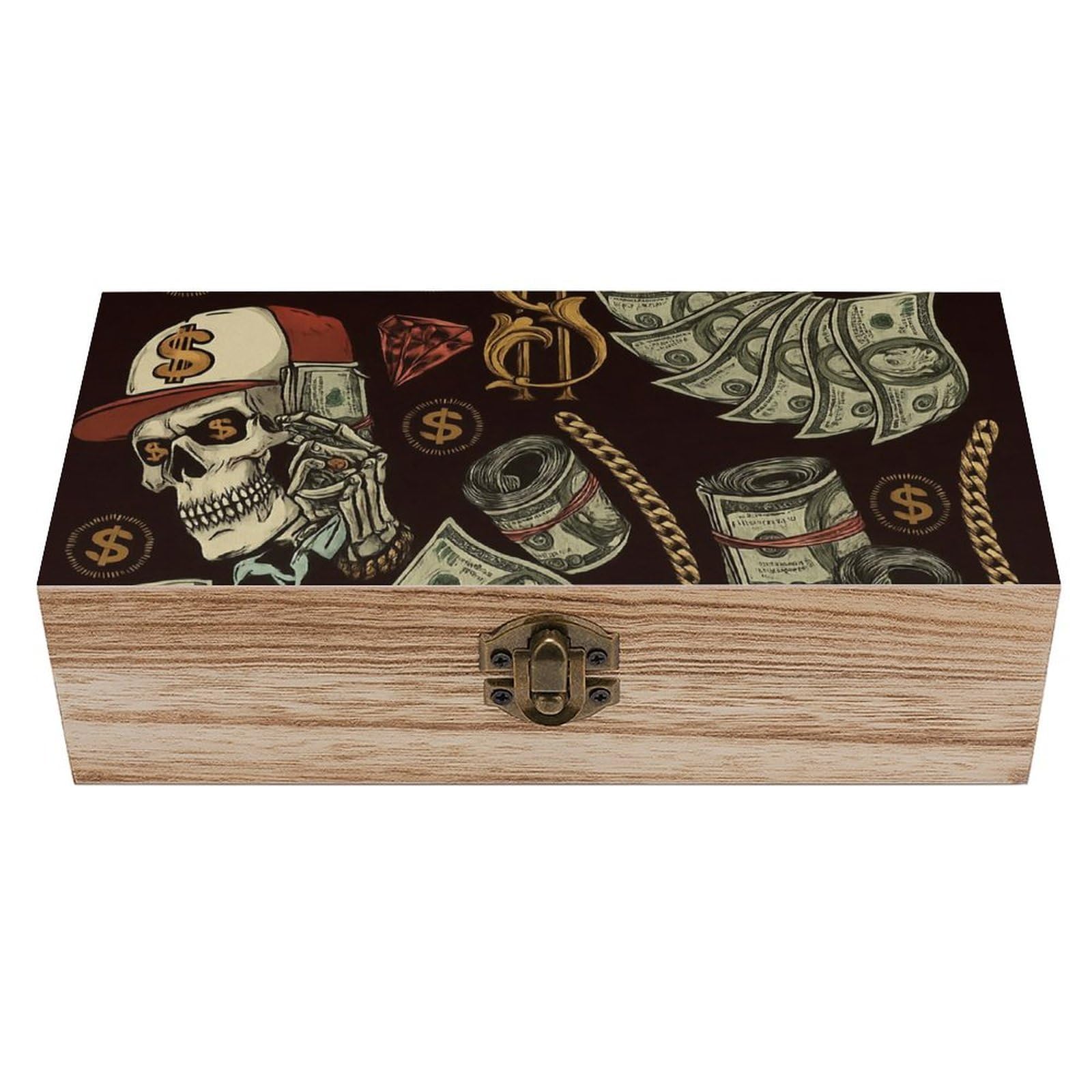 SMAZDFXX Gold Chains Skulls And Dollar Wooden Storage Box Multipurpose Decorative Box for Jewelry Photo Home Decor