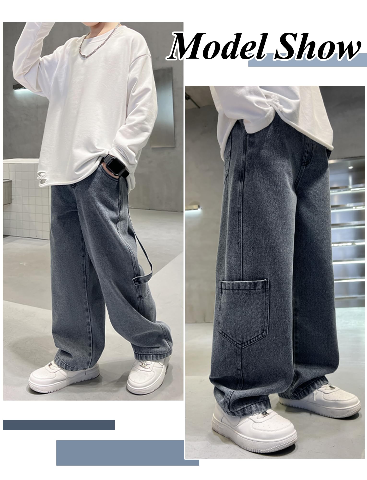 Happy Cherry Baggy Jeans Jungen Hose Denim Teenager Weitem Bein Vintage Streetstyle 5-14 Jahre Elastischer Bund 110-170