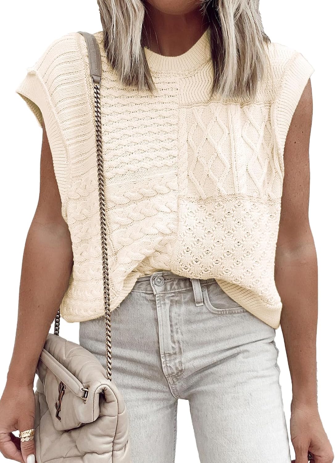 EVALESS Womens Short Sleeve Sweater Summer Fall 2025 Round Neck Crochet Pullover Cap Sleeve Knit Oversized Sweater Vest Tops