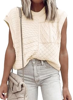 EVALESS Womens Short Sleeve Sweater Summer Fall 2025 Round Neck Crochet Pullover Cap Sleeve Knit Oversized Sweater Vest