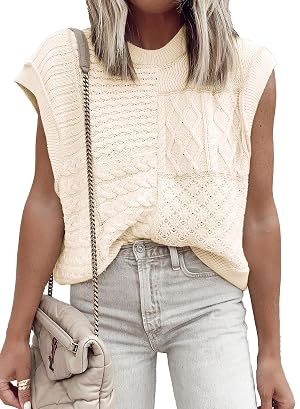 EVALESS Womens Short Sleeve Sweater Summer Fall 2025 Round Neck Crochet Pullover Cap Sleeve Knit Oversized Sweater Vest