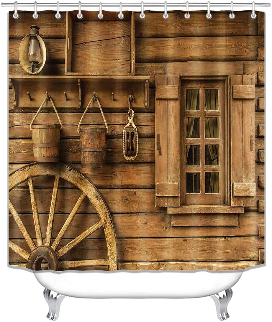 Jayden&Madge 4PCS/Set Western Country Farmhouse Shower Curtain, Vintage Brown Wooden Board Window Bucket Lantern Primitive House Rustic Barn Bathroom Decor, Non-Slip Bath Rugs Toilet Carpet, Cottage