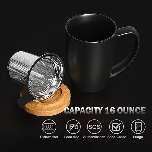 Miniatura 6 de Taza de té de cerámica con infusor y tapa, taza de té de hojas sueltas de 16 onzas, taza de té de mango grande, regalos de Navidad para hombres,