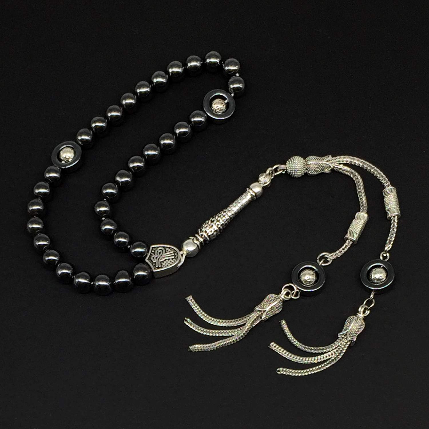 Design - Long & Stylist Tassels Worry Beads - Prayer Beads (8 mm-33 Beads) Tesbih-Tasbih-Tasbeeh-Misbaha-Subha-Sebha-Sibha-Rosary (Black Hematite - Silver Plated)