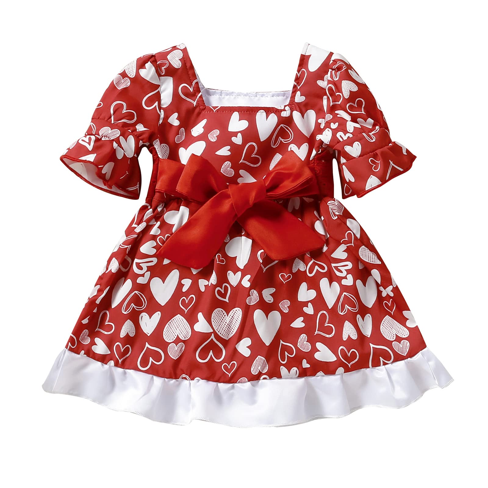 Toddler Infant Baby Girl Valentines Day Clothes Short Puff Sleeve Ruffle Heart Print Dress with Bow Belt One Piece