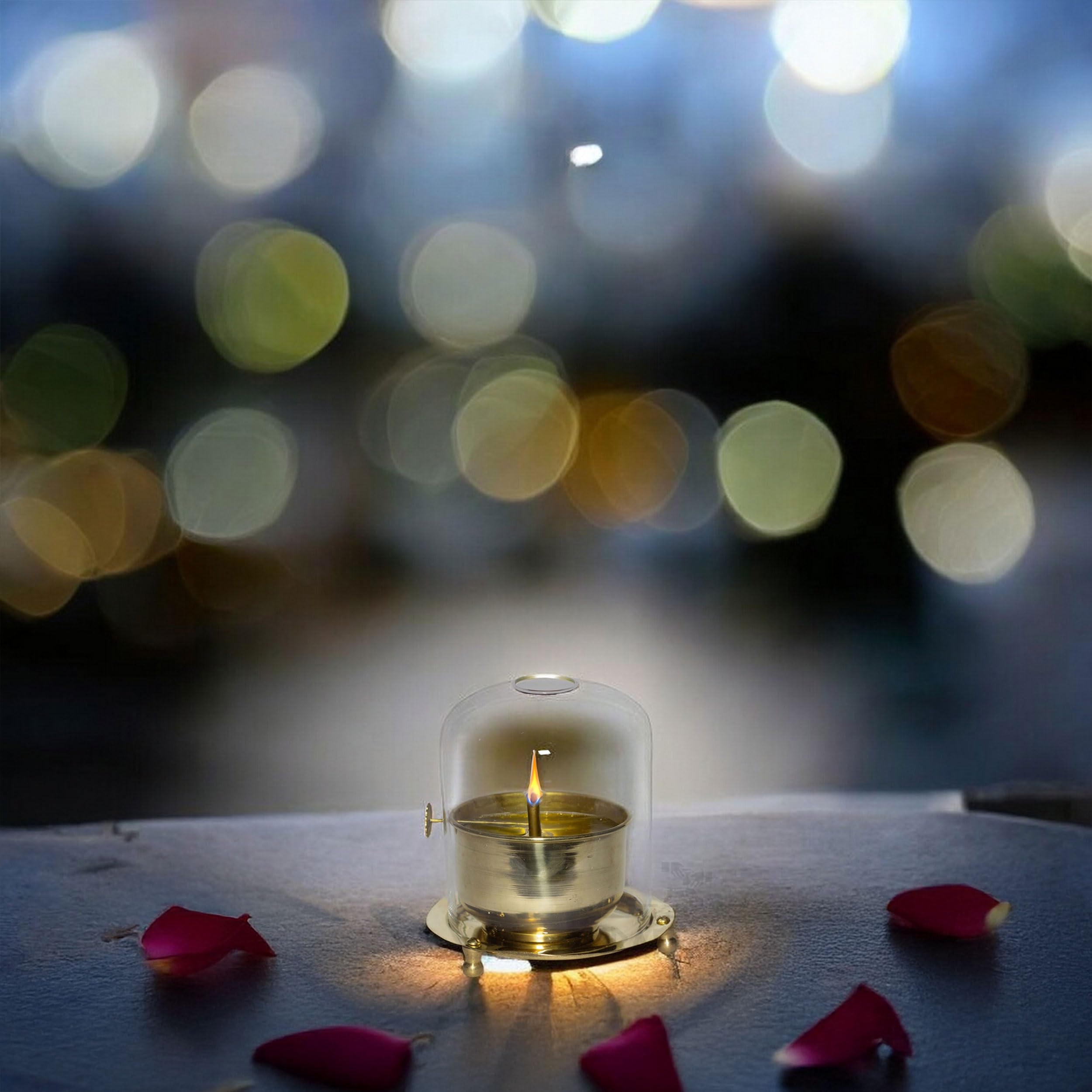 Kraftskala Brass Akhand Oil Diya 3x3.5 inch with Clear Glass Cover | Rotating Lifting Wick | Perfect for Spiritual Decor, Hindu Rituals, Diwali Festive Gifts 4