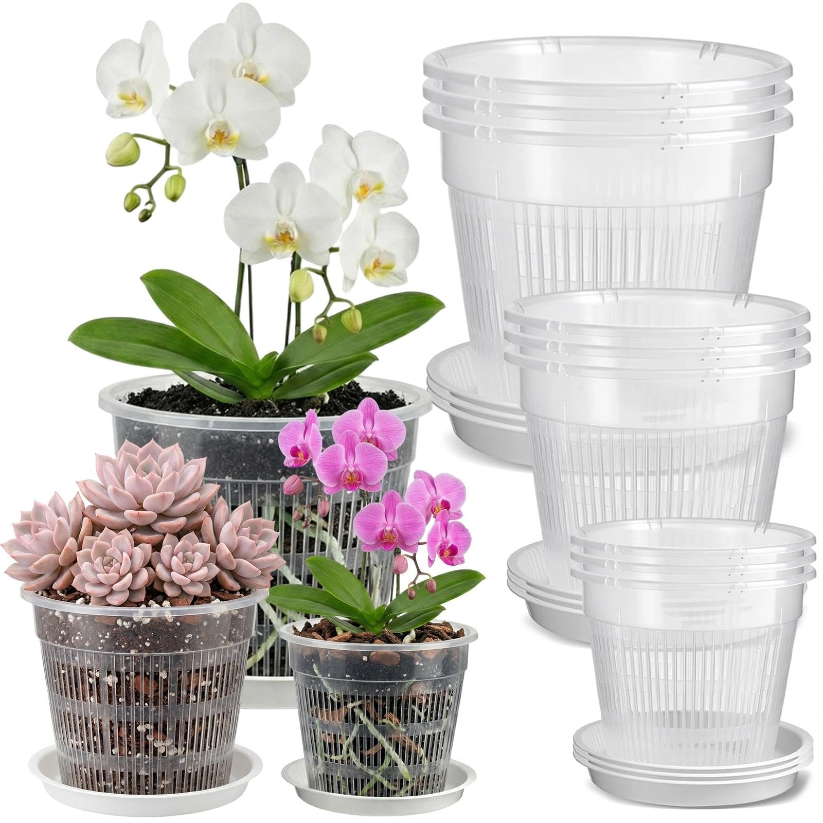 Lot de 9 Pot Transparent Orchidée, Pot pour Orchidées Respirant, Transparent Plante avec Trous de Drainage et Soucoupes pour Culture d'Orchidées en Intérieur et Extérieur (11/14/16cm)