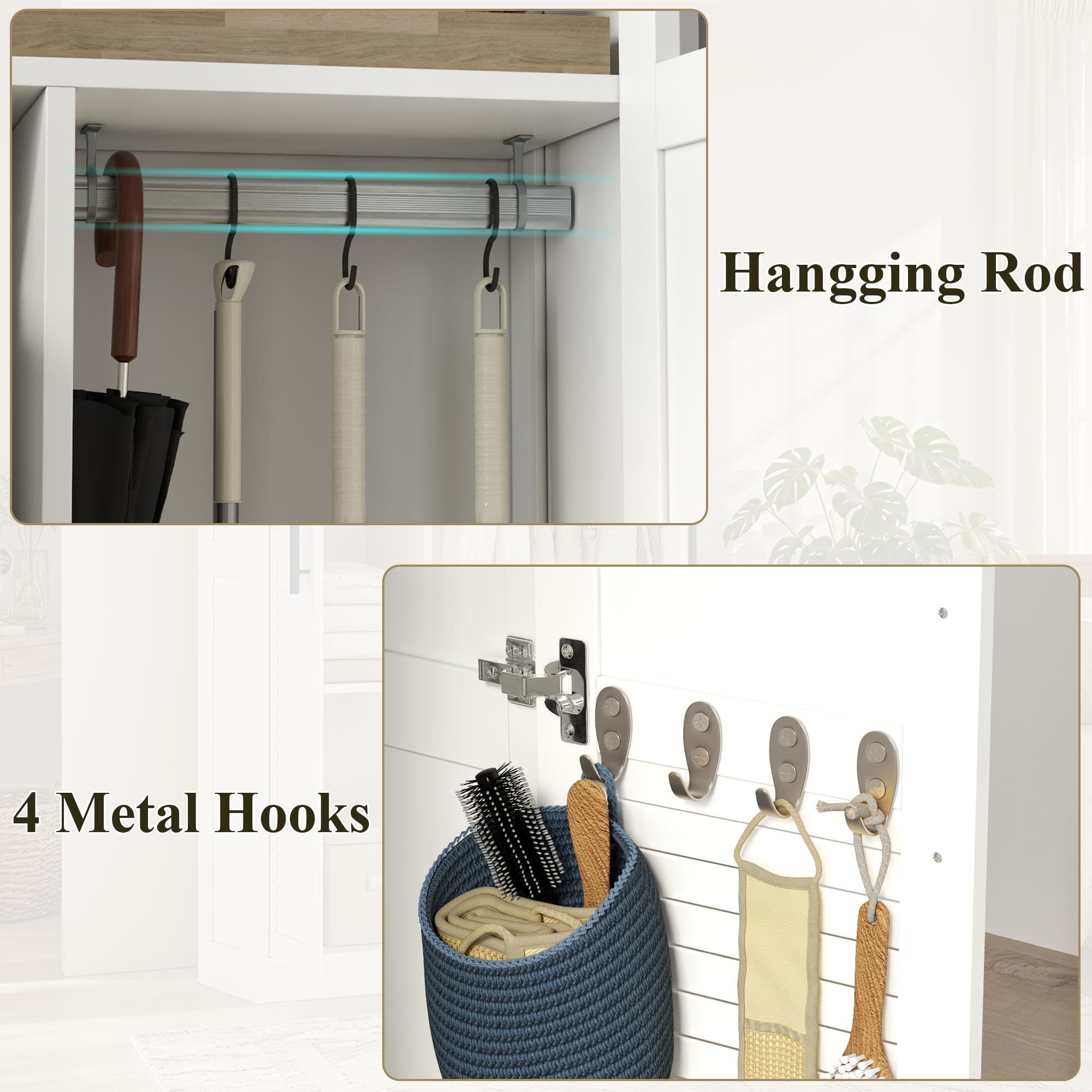 Besenschrank 60 cm breit, Putzschrank mit Lamellentüren, 4 Haken & Stange