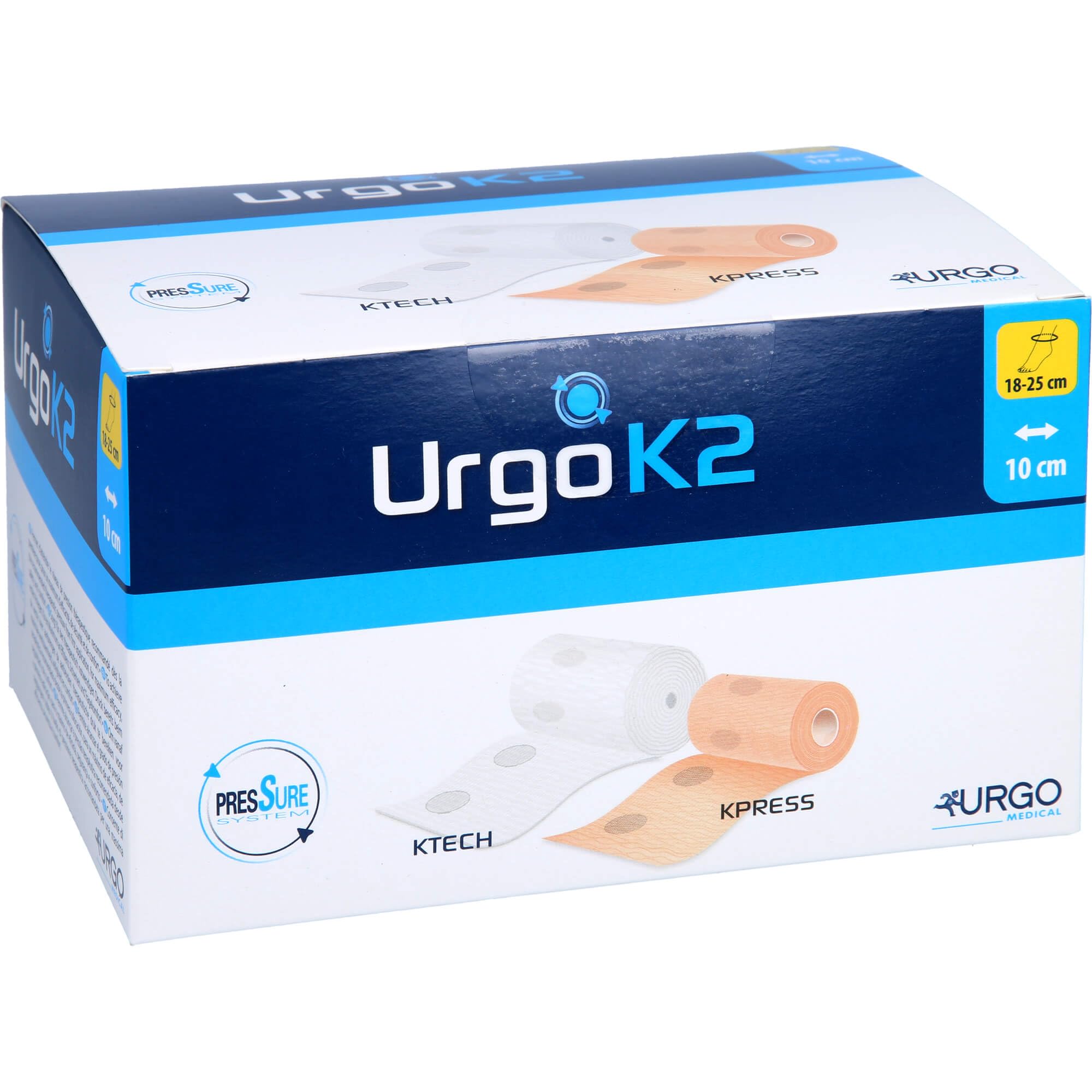 UrgoK2 zweilagiger Kompressionsverband mit Druckindikator Knöchelumfang 18-25 cm 10 cm breit, 1 Sztuka Bandaż