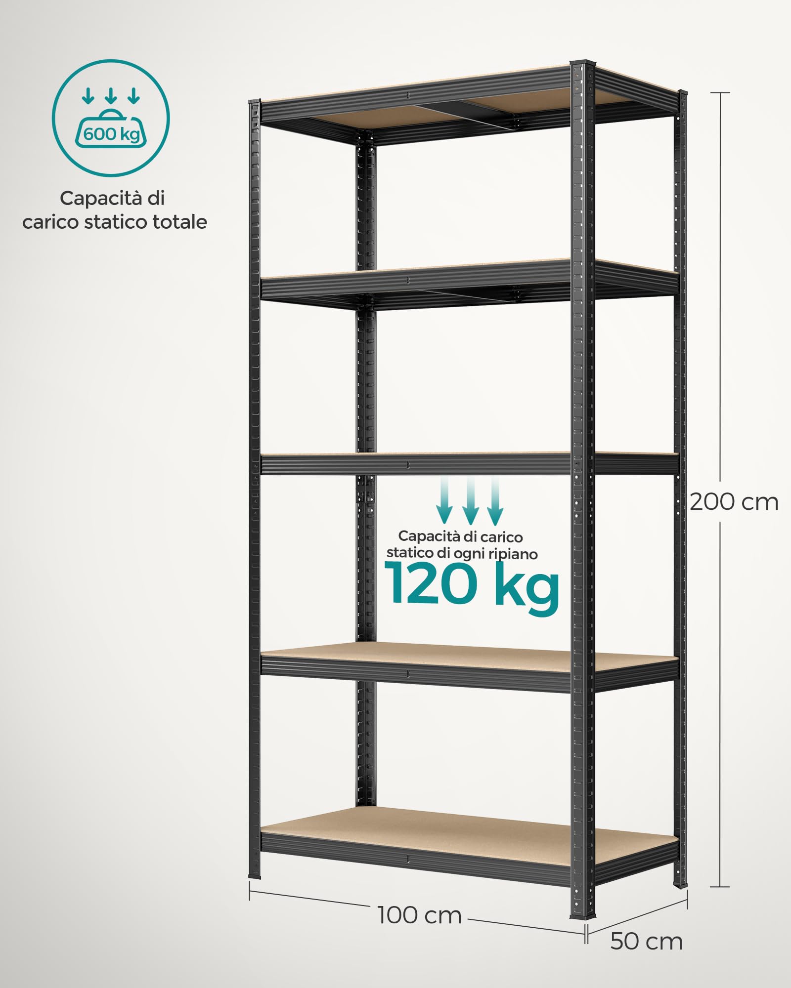 SONGMICS Scaffalatura a 5 Ripiani, Scaffale in Acciaio, Montaggio Rapido, Utensili, Strumenti in Garage, Magazzino, Ripostiglio, Portante 600 kg, 50 x 100 x 200 cm, Nero GLR050B01