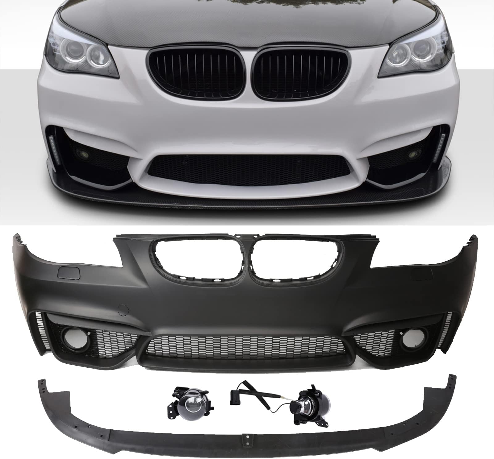 PENSUN M4 Style Front Bumper W/O PDC holes With Fog Lights Front Lip Fit for 2004-2010 BMW 5 Series E60 E61