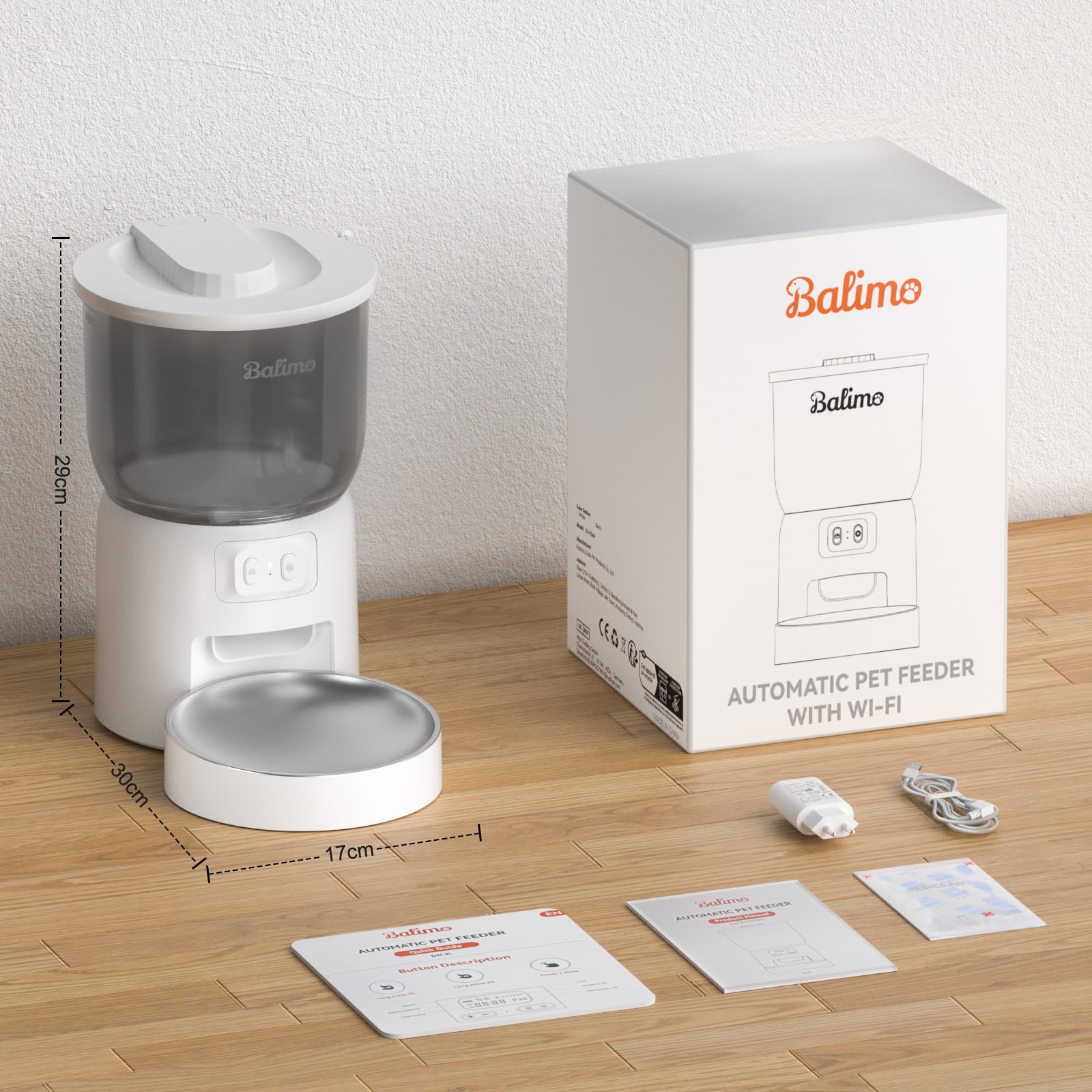 Balimo Distributore Automatico Cibo Gatti, 2.4G WiFi Dispenser Crocchette Gatto, 3L Distributore Automatico Cibo Cani, Adatto Controllo App, Da 1 a 10 Pasti al Giorno, Adatto Per Cani e Gatti, Bianco