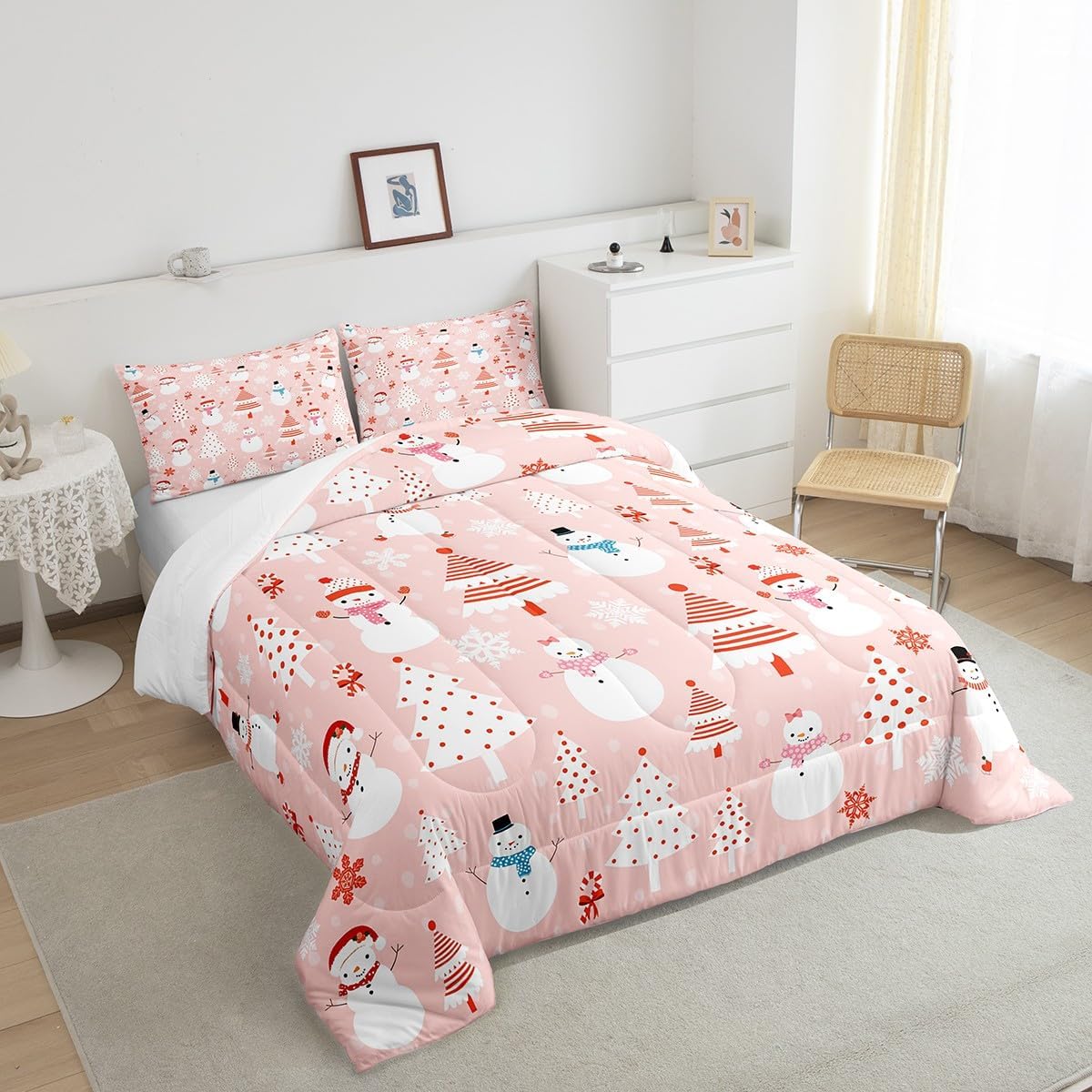 Feelyou Christmas Kids Comforter Set Cartoon Snowman Bedding Set for Boys Girls Christmas Tree Decor Comforter Pink Dots Xmas Theme Duvet Set Bedroom Comforter Inner Fill 3Pcs Full Size