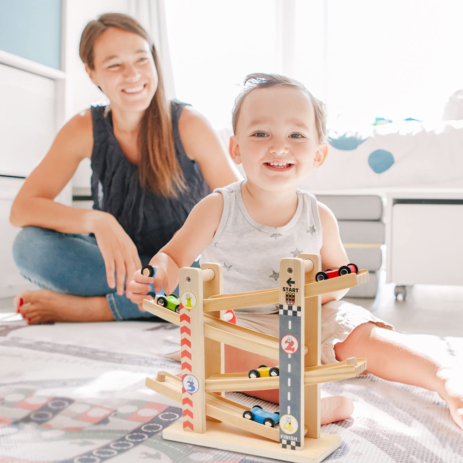 Circuito de Carreras con 4 Mini Coches,Pista de Rampas con Coches de Juguete para Bebés y Niños Pequeños de 1 y 2 3 años,Juguete de Rampa para Coche para Regalos de Cumpleaños para niños