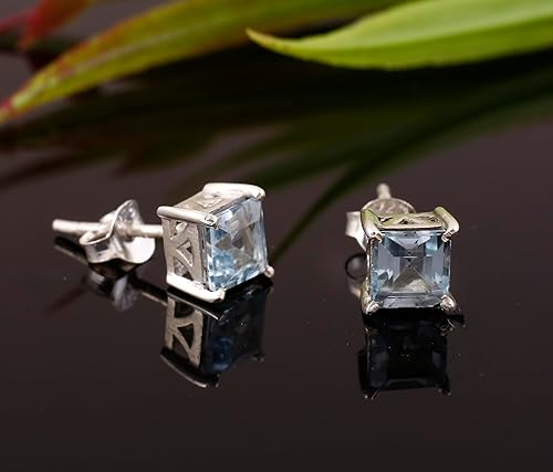 Miniatura 8 de SILVESTO INDIA Sterling Silver Natural Blue Topaz Stud Earrings Cushion Prong Set Genuine Topaz Gemstone Stud Minimalist Style November Birthstone