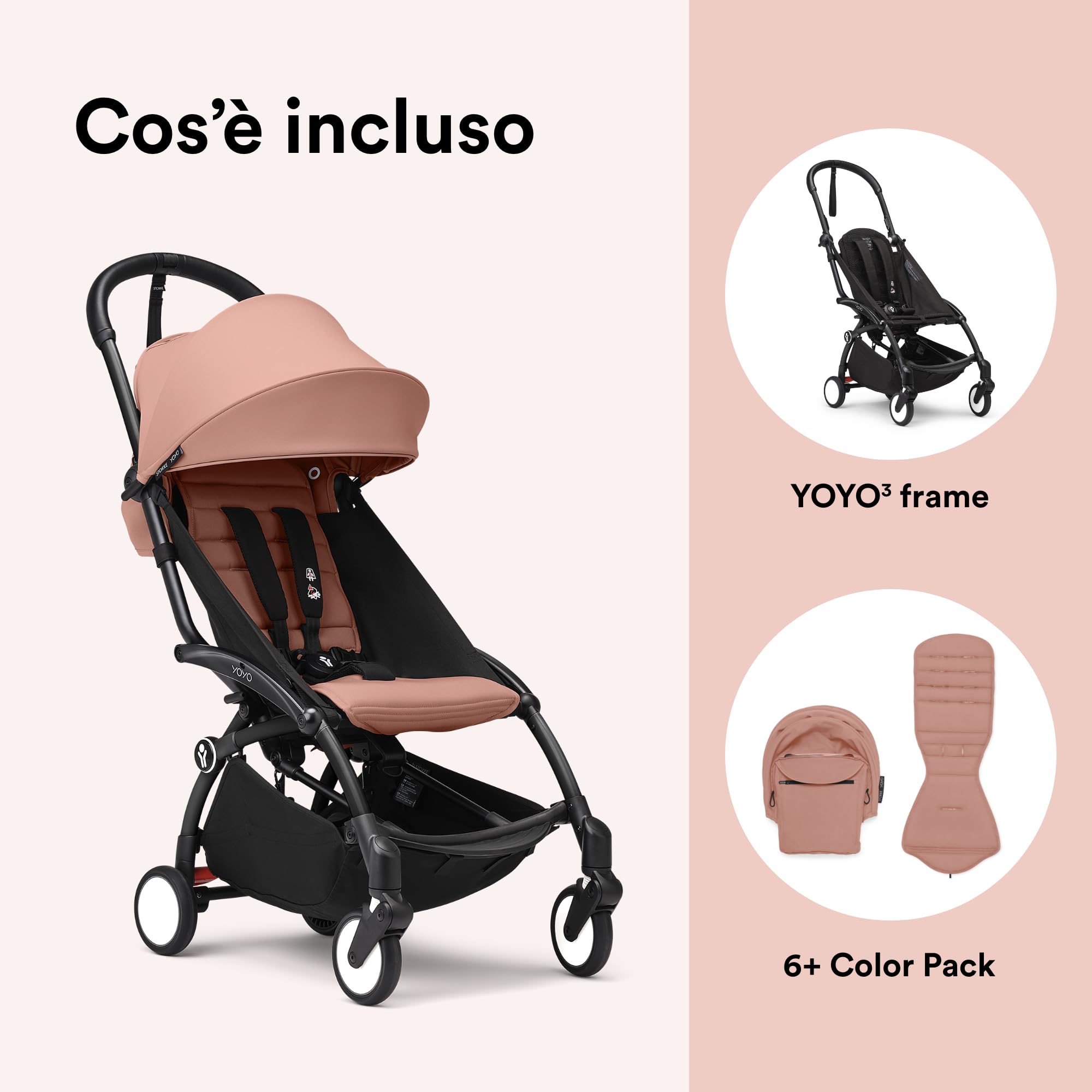 Passeggino Stokke YOYO3 da 6 mesi - Include telaio nero/cuscino seduta Ginger + Capottina - Si ripiega e si apre in un lampo - Leggero e compatto - Compatibile con il bagaglio a mano
