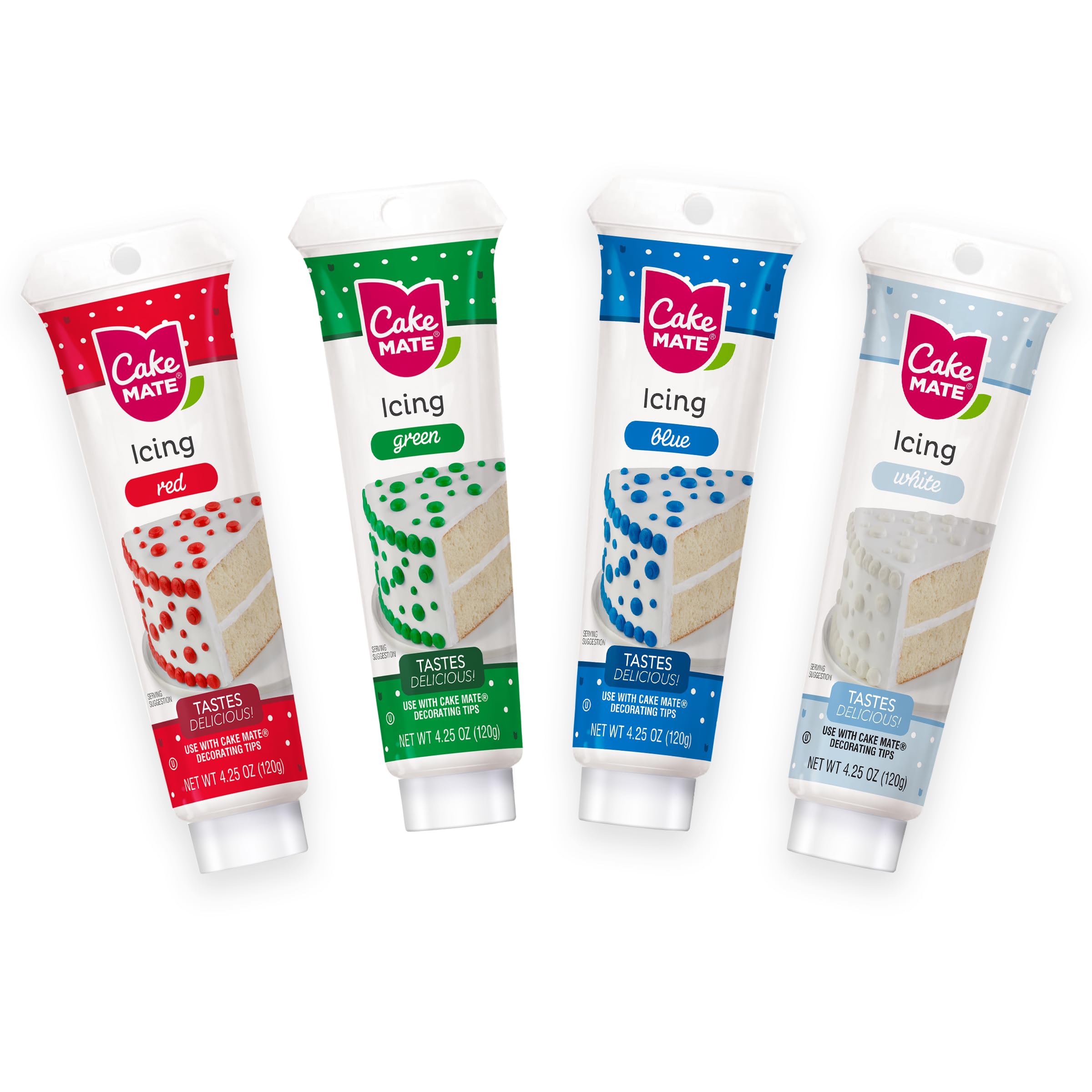 Cake Mate Holiday Decorating Icing Bundle - Blue, White, Green, and Red | Perfect for Cakes, Cookies, Cupcakes & Baked Goods | Christmas Colors for Decorating & Holiday Baking contains four 4.25oz Tubes