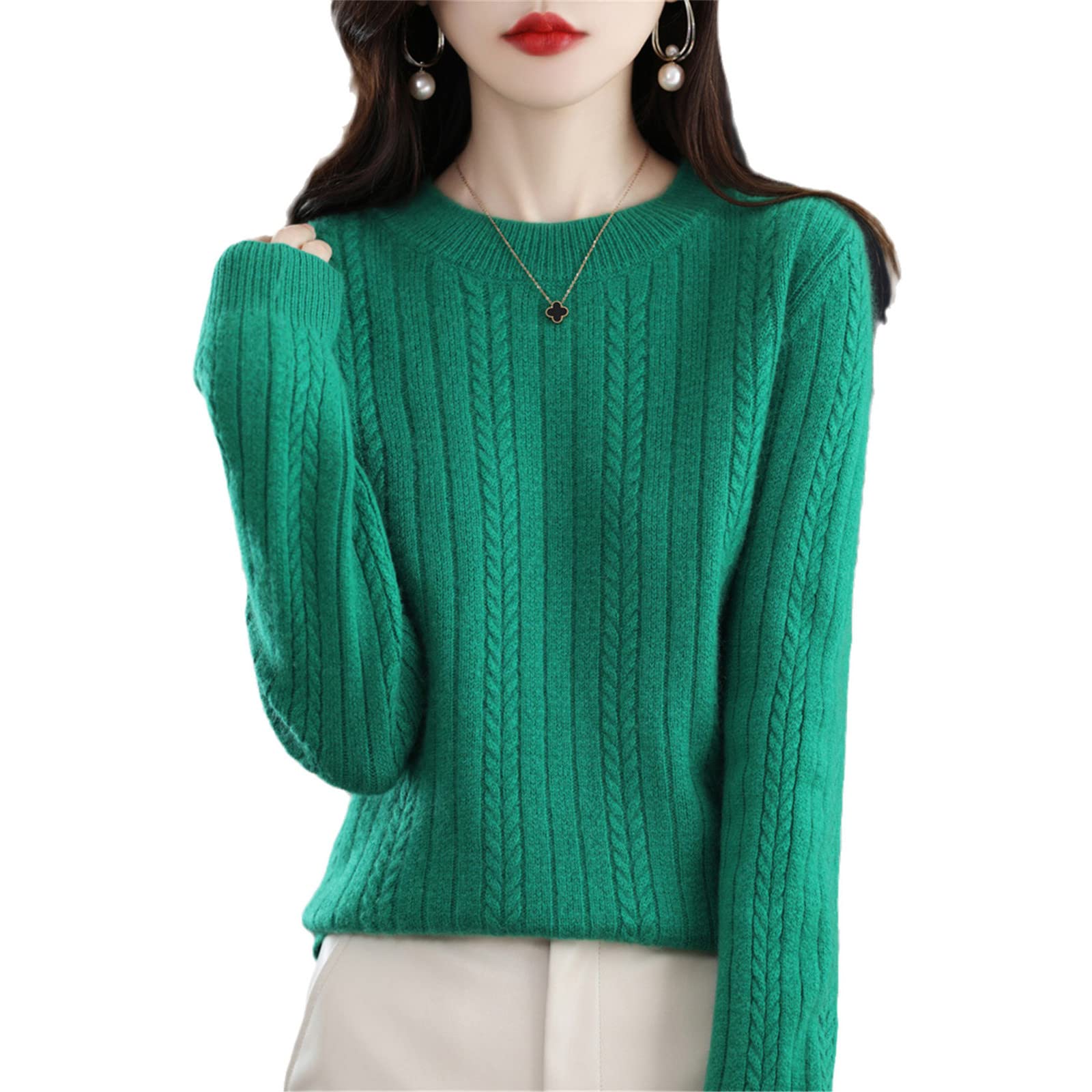 Suéter de cachemira para mujer, cuello redondo, suéter de otoño e invierno, nudo superior, suéter de lana engrosada, verde, M